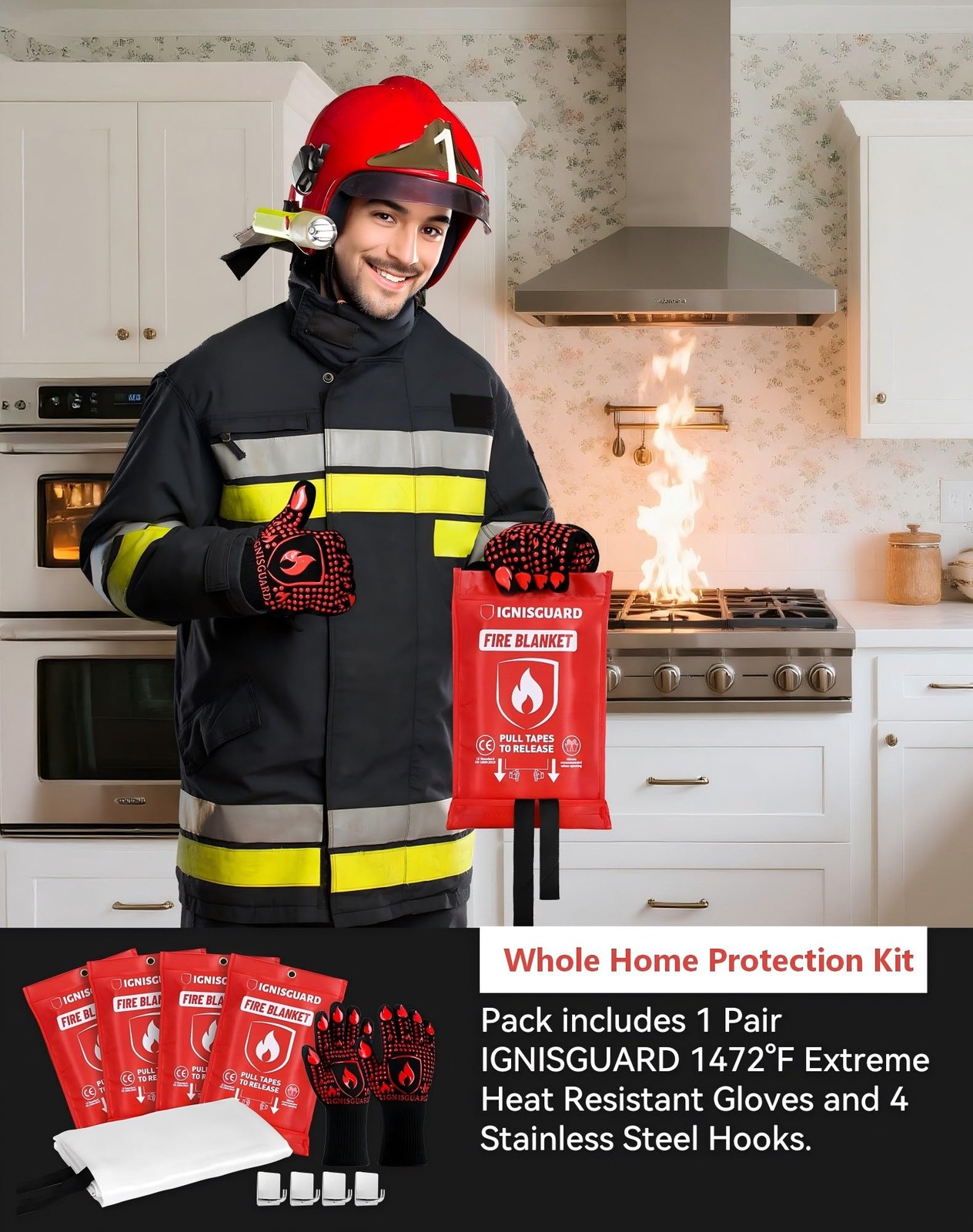 Fire Blankets 4 Pack, 40x40in with 1 Pair Fire Resistant Gloves & 4 Hooks, Fi...