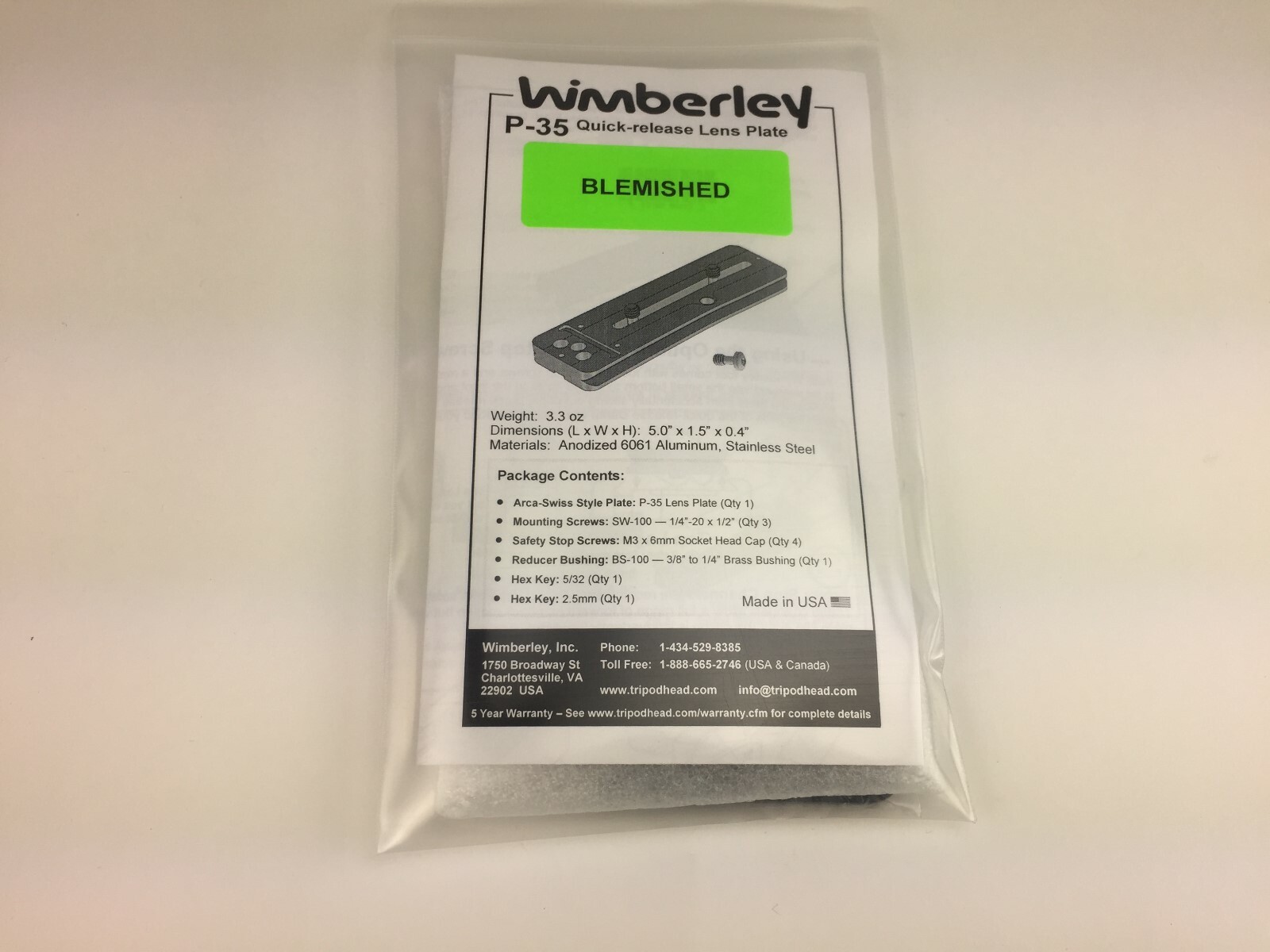 New Wimberley P-35 Lens Plate (blemished) from manufacturer - Arca-Swiss comp.