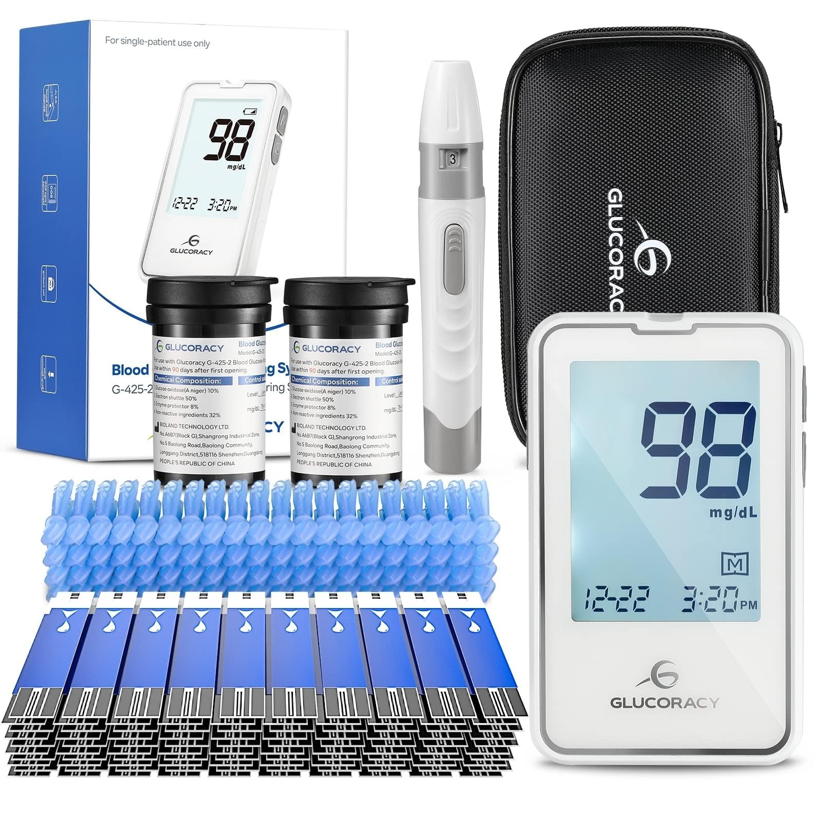 Glucoracy Blood Glucose Monitor Kit with 100 Blood Sugar Test Strips & Lancets