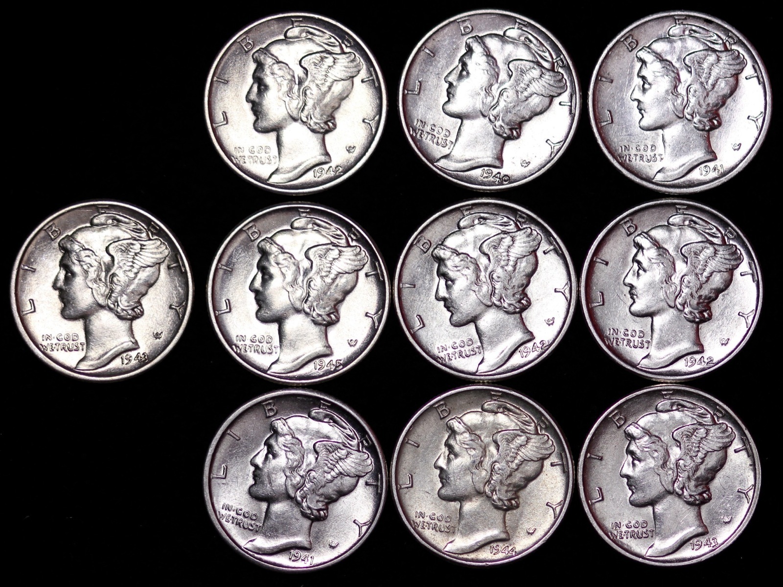 Lot of 5 (FIVE) Coins AU / UNC Mercury Silver Dimes Some D and S Mint