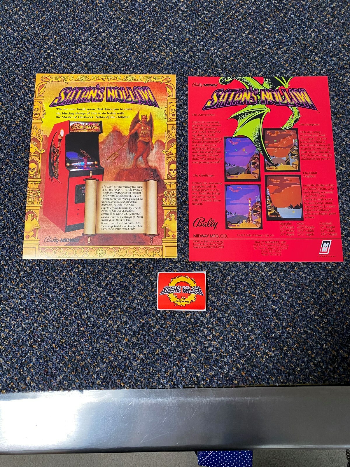 2-1982 BALLY/MIDWAY FACTORY ORIGINAL SATAN'S HOLLOW  PROMO FLYERS & 1 STICKER