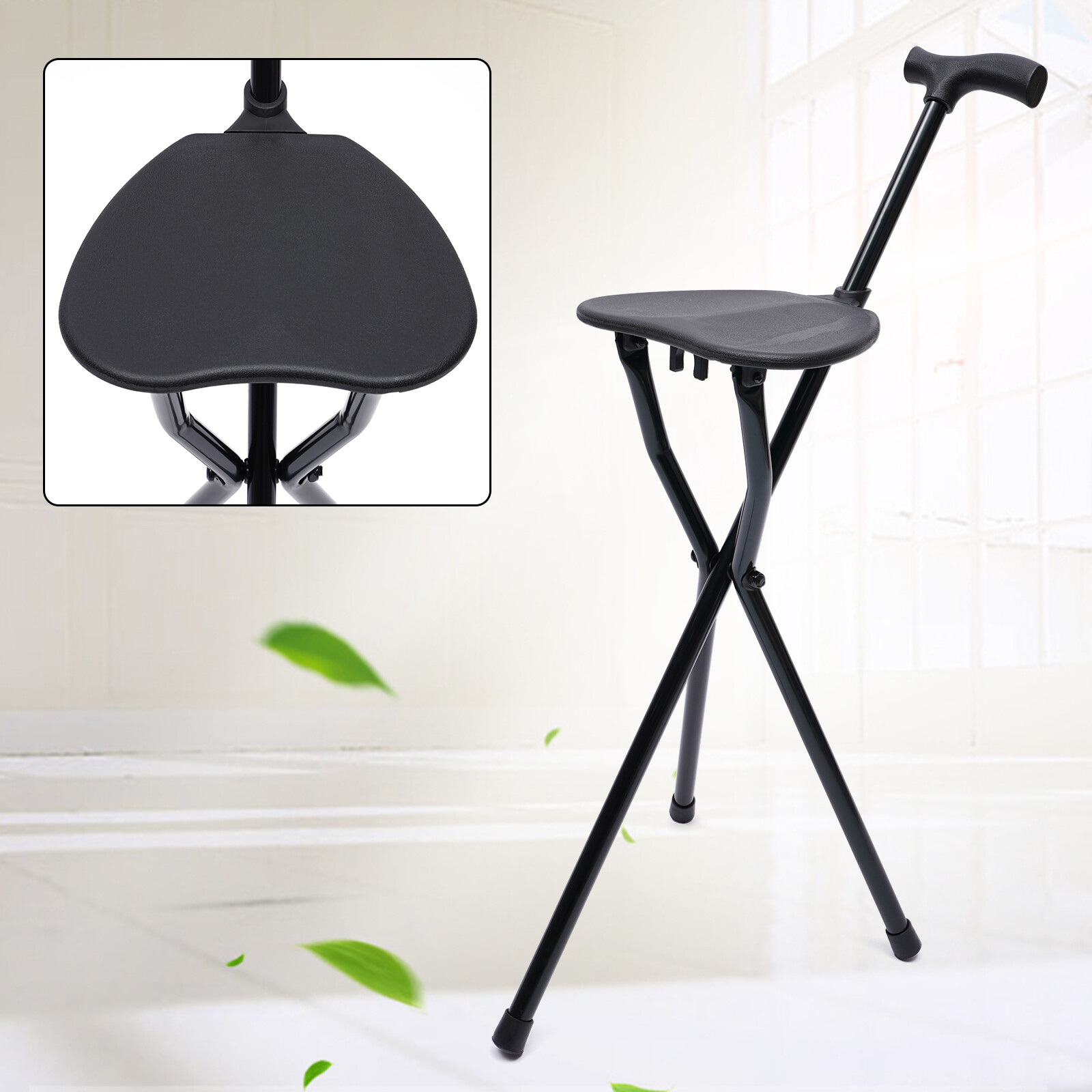 Portable Folding Walking Stick with Seat 3 Legged Travel Hiking Cane Chair Stool
