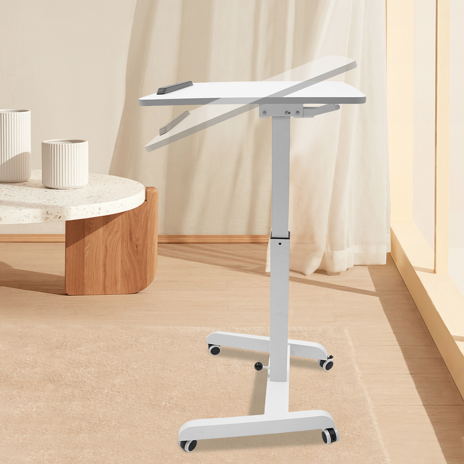 Mobile Adjustable Height Standing Desk with Tilt Top & Rolling Wheels