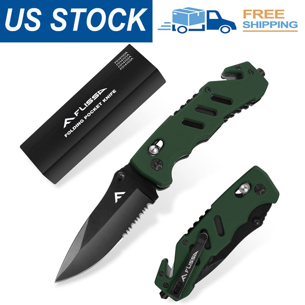 FLISSA New Folding Pocket Knife Glass Breaker and Seatbelt Cutter with Clip