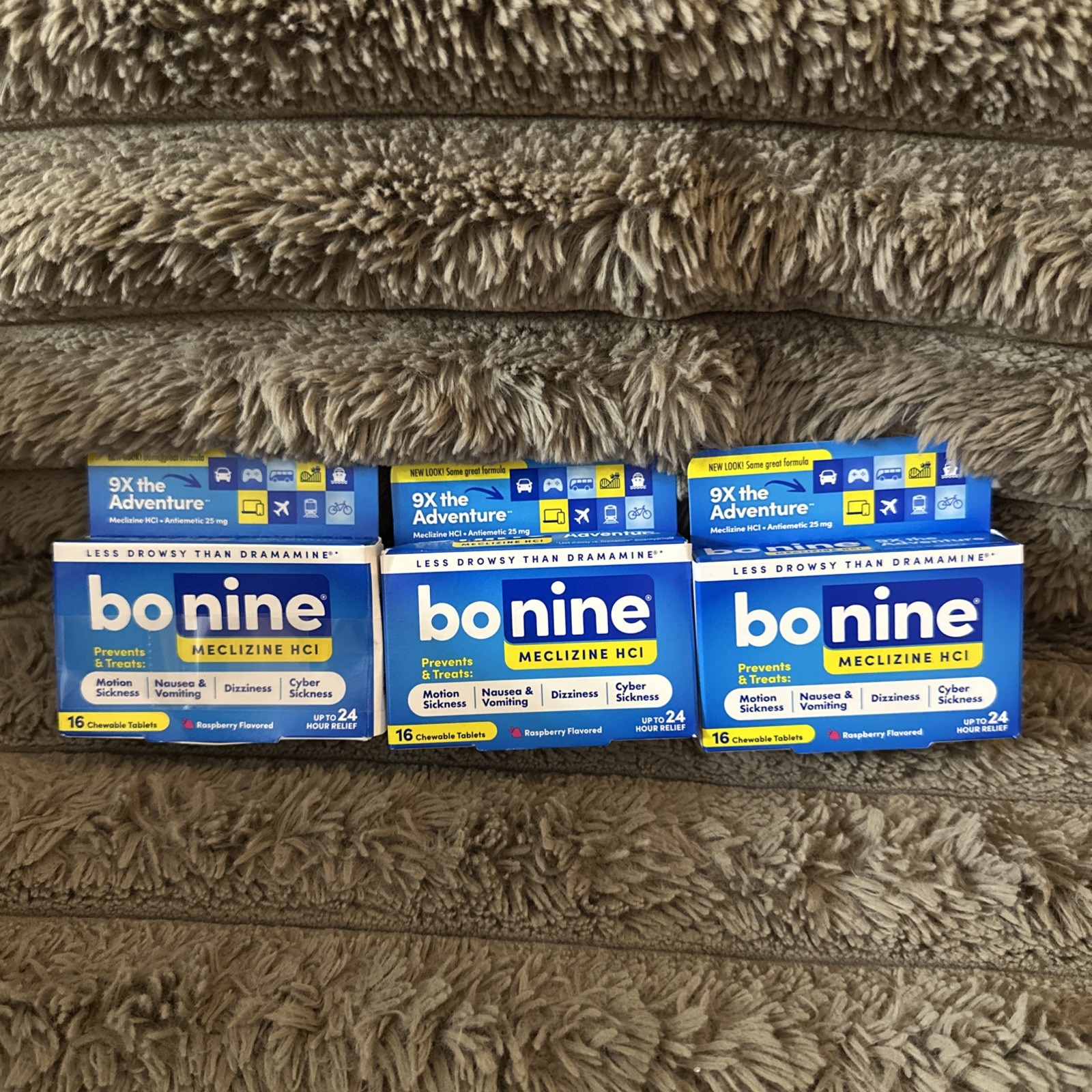 Lot of 3 Bonine Motion Sickness Chewable Tablets 25mg 16ct Each Raspberry 06/27