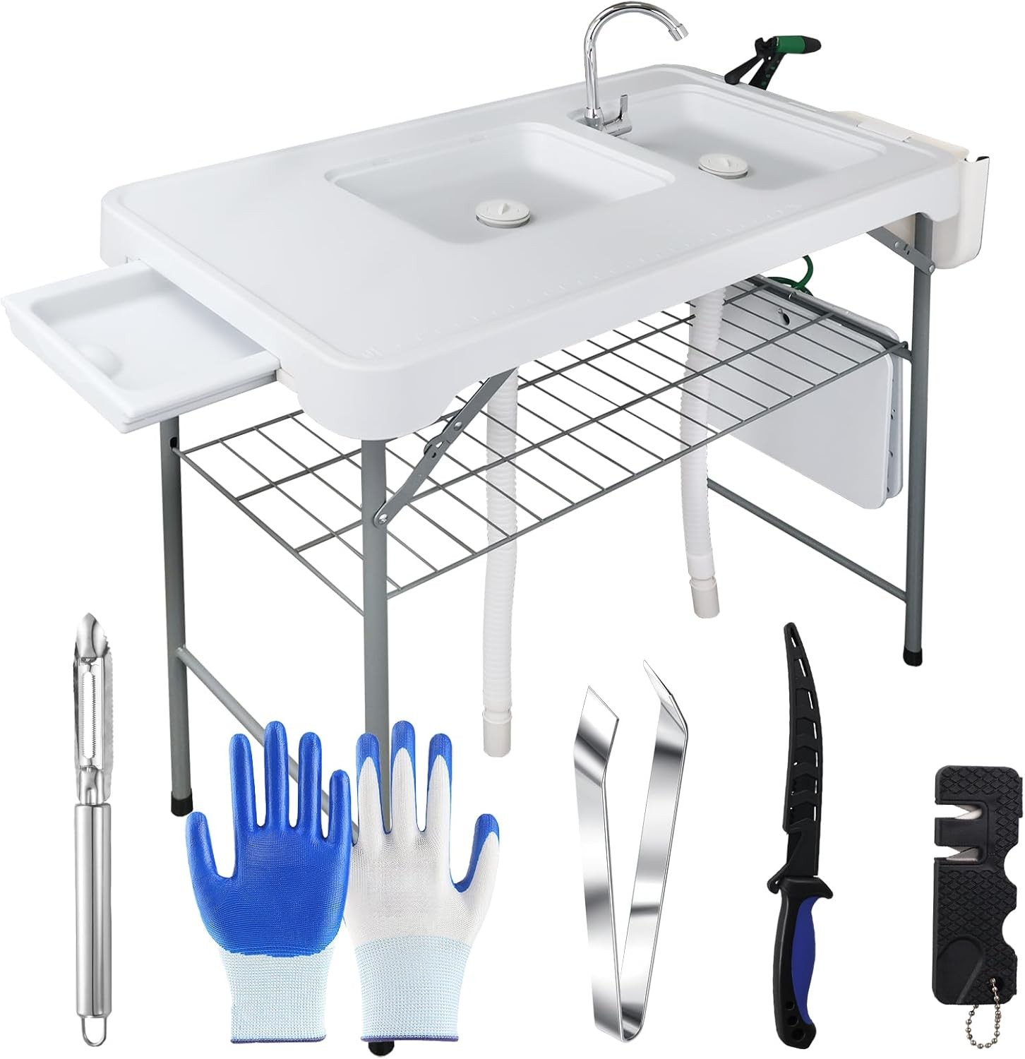 Fish Cleaning Table with 2 Sinks & Grid Rack - 42.5” Outdoor Fish Fillet Clean
