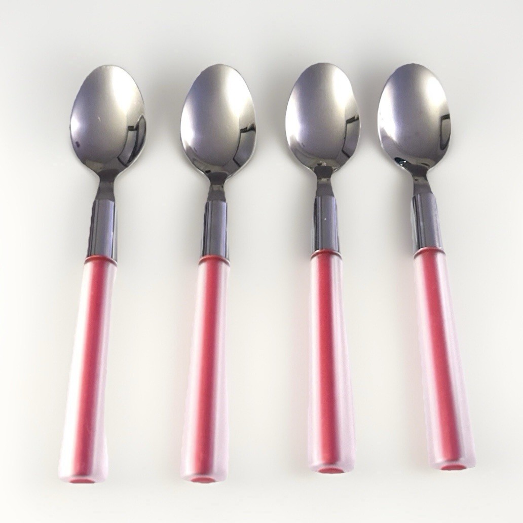 Stainless Teaspoons Red Clear Core Plastic Handle Flatware 6” Set Of 4