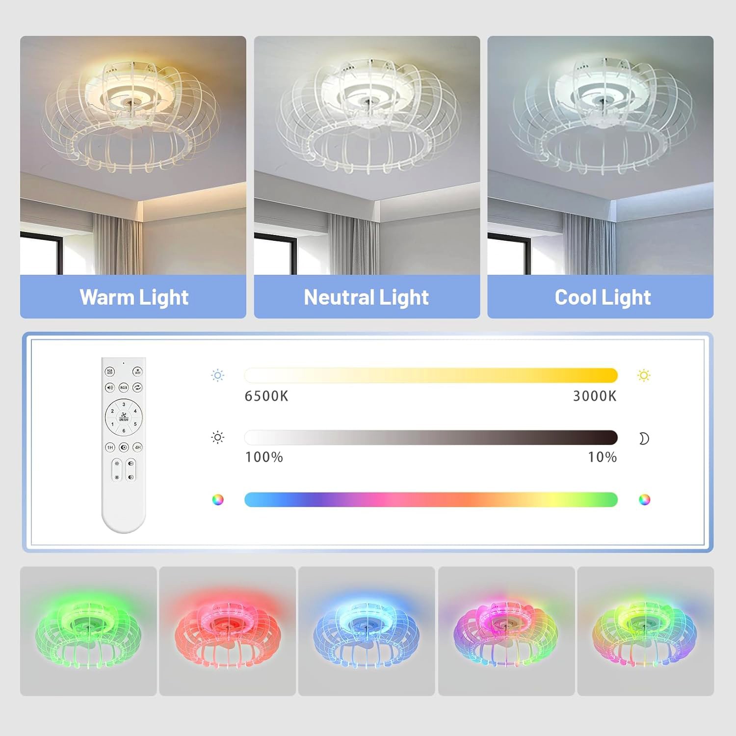 21" LED Ceiling Fan with RGB Light Flush Mount Bluetooth Speaker Remote Control