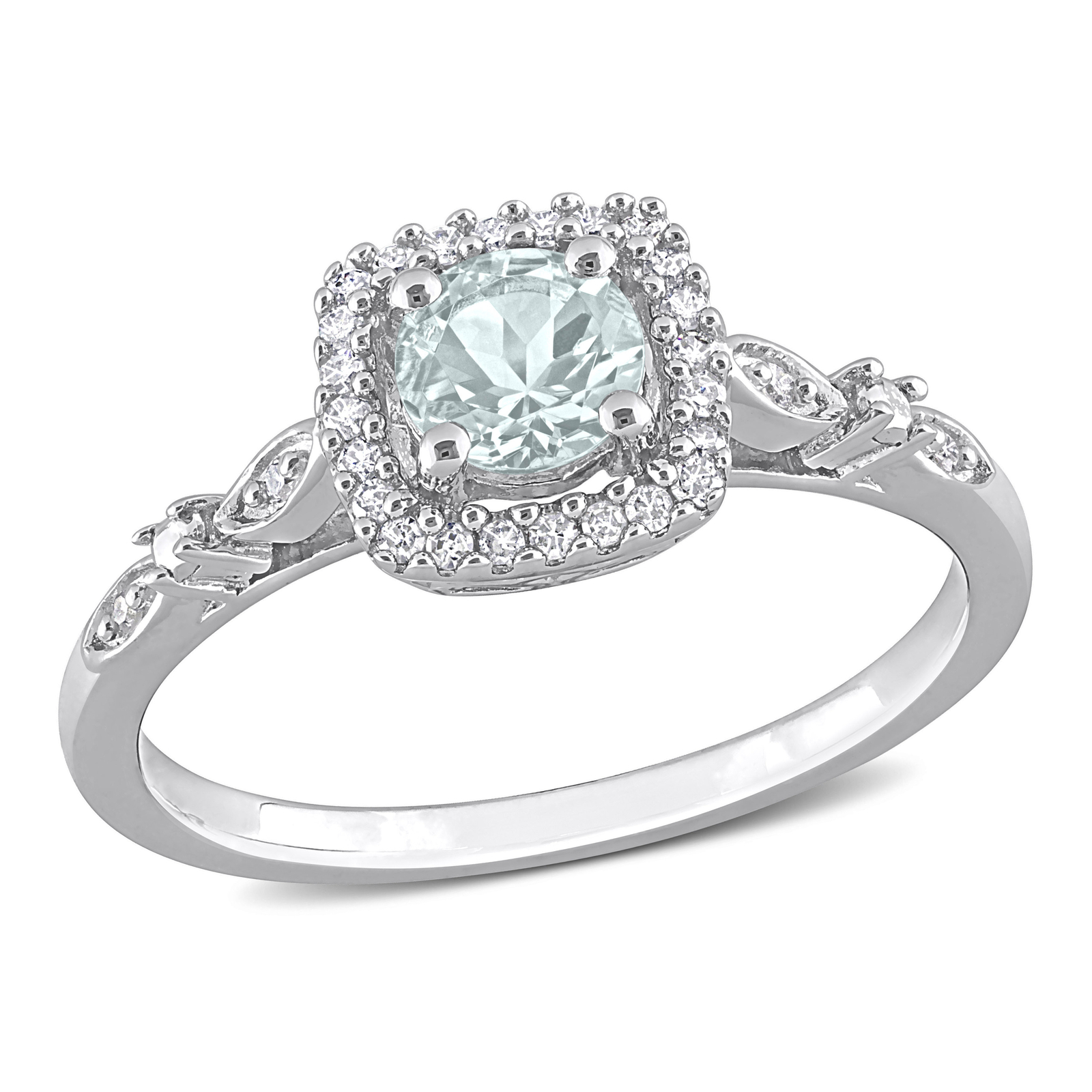 Amour Sterling Silver 3/8CT TGW Aquamarine & 1/10 CT TW Diamond Square Halo Ring