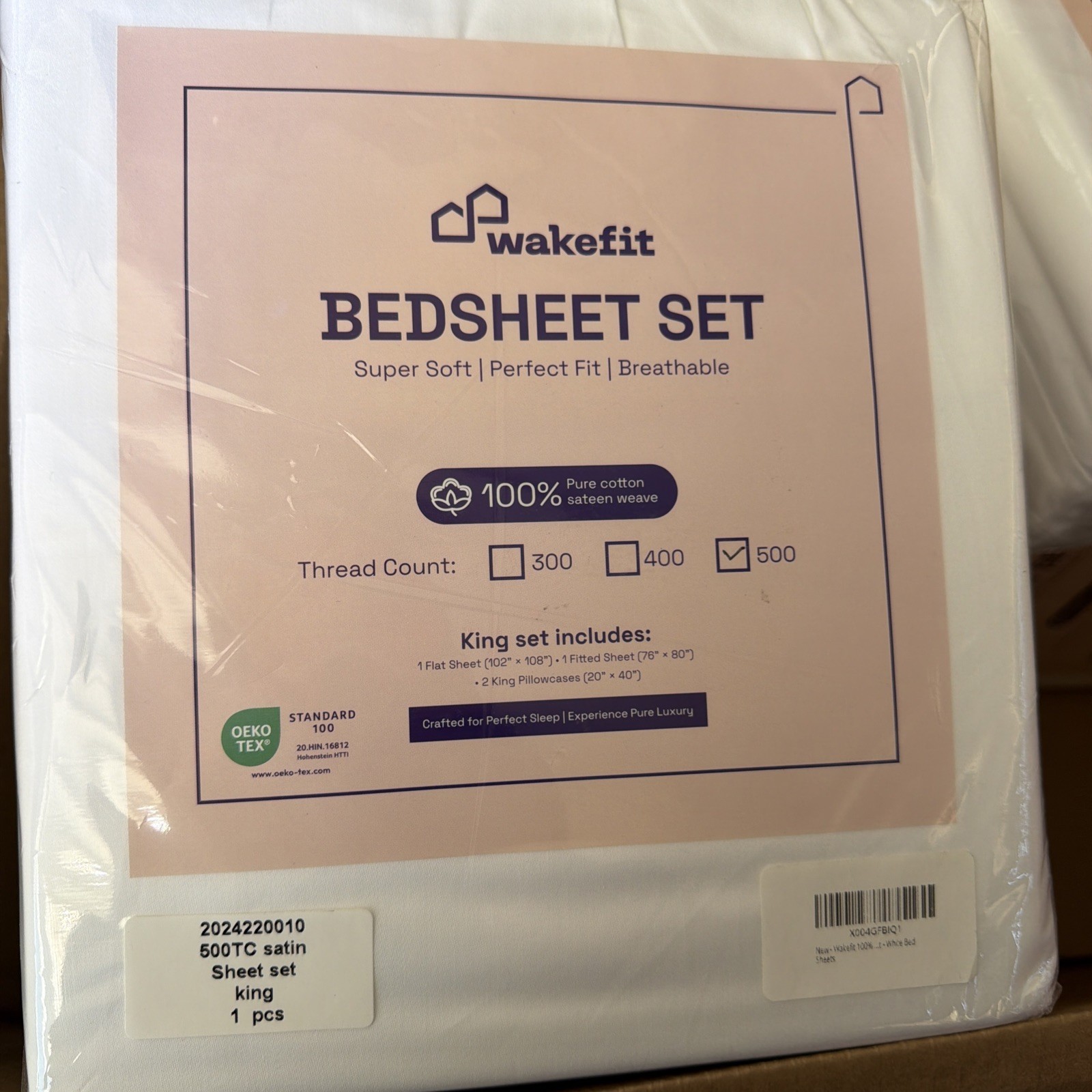 Wakefit 500TC Cotton King Size Sheet Set White Solid Super Soft Breathable