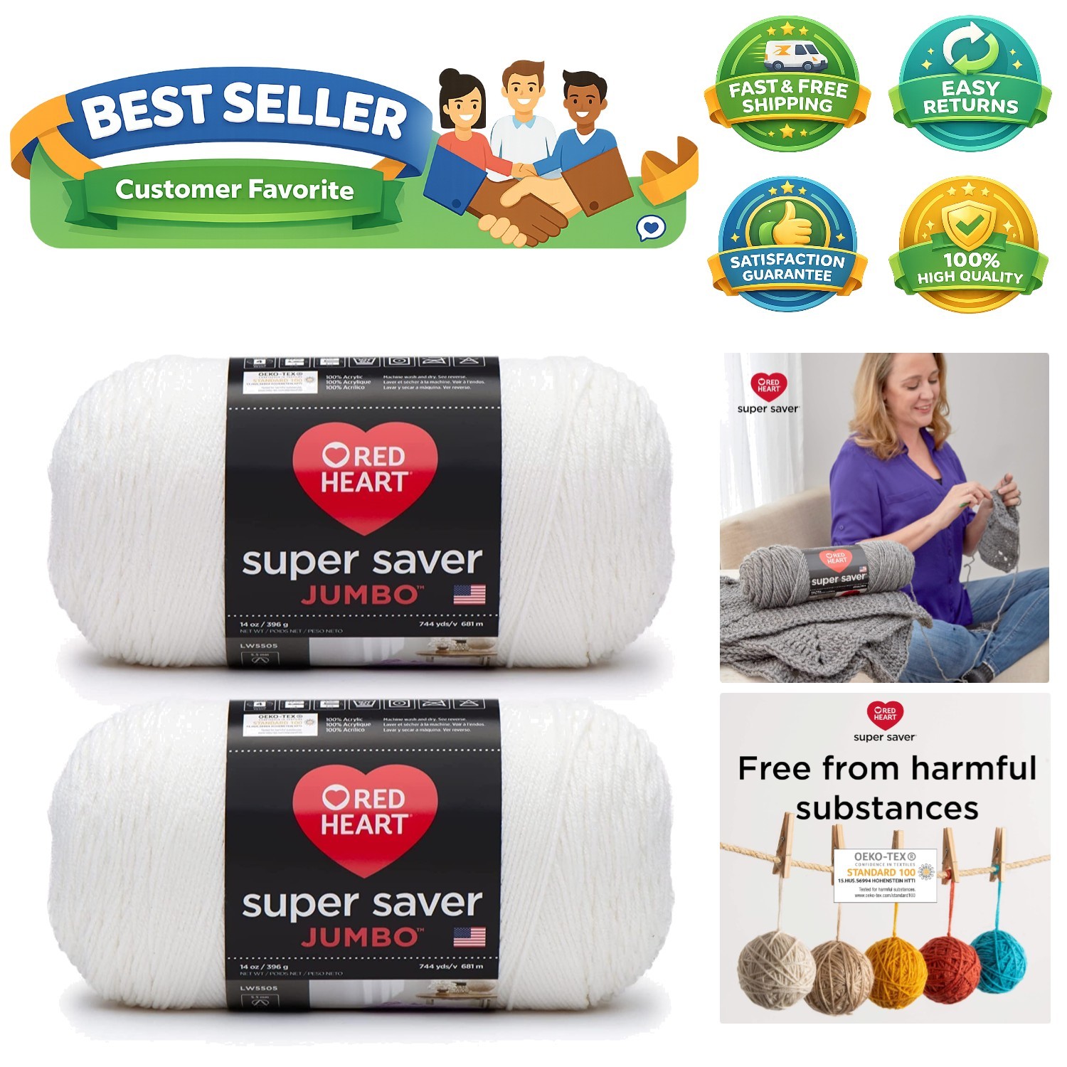 Super Saver Jumbo White Yarn - 2 Pack of 396g/14oz - Acrylic - 4 Medium Worst...