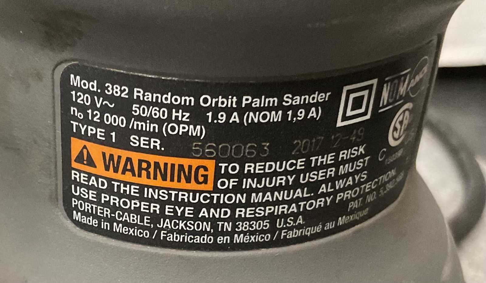 Porter Cable 382 Random Orbit Palm Sander 5" with Sawdust Catcher, Tested