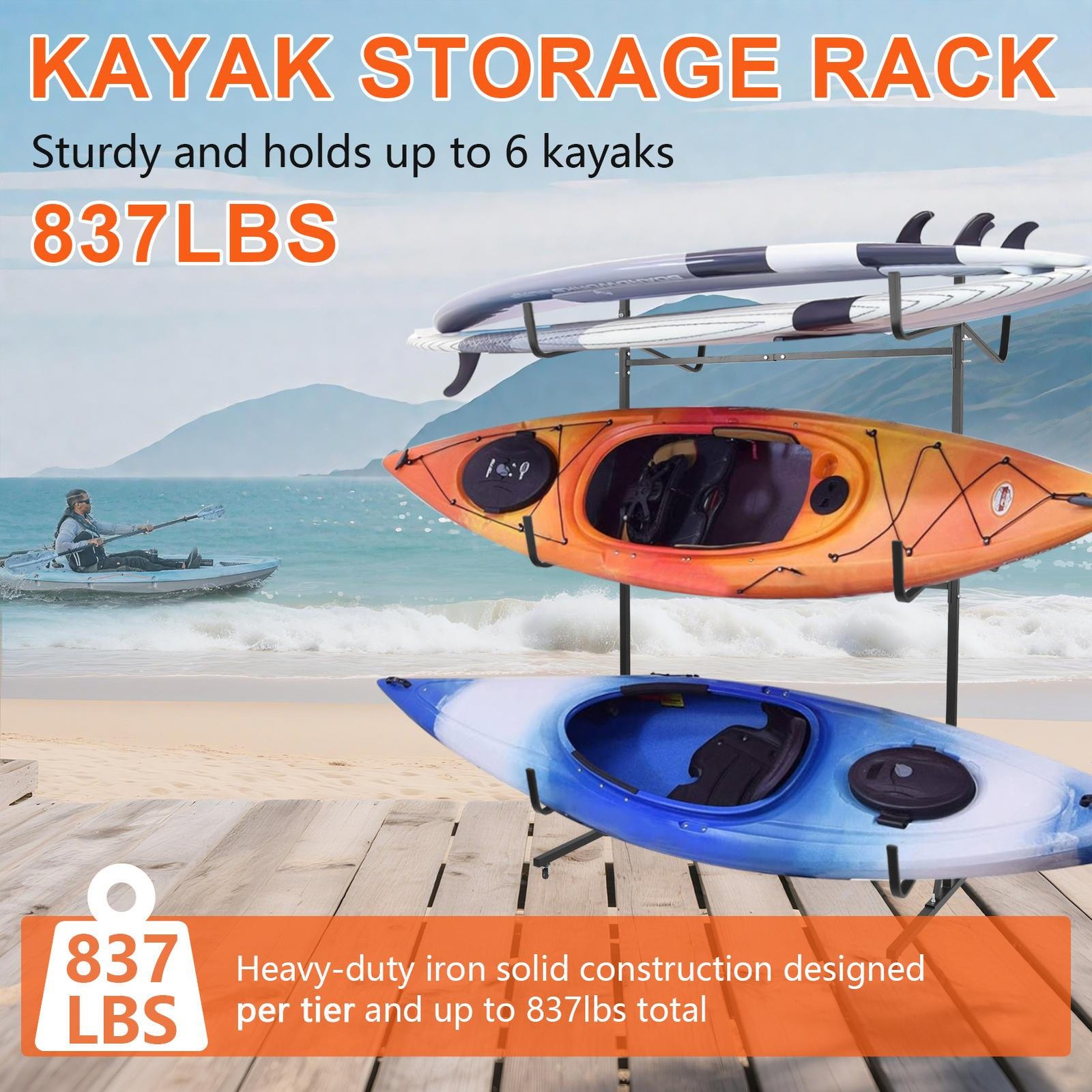 Wall Mounted Kayak Rack for 6, Heavy Duty Canoe Paddleboard Storage Rack