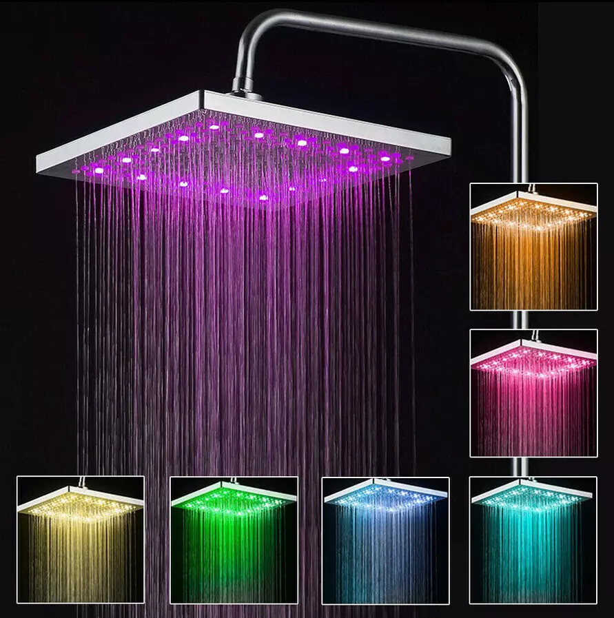 8" inch LED Rainfall Shower Head Square Top Sprayer 7 Color Bathroom Glow Light