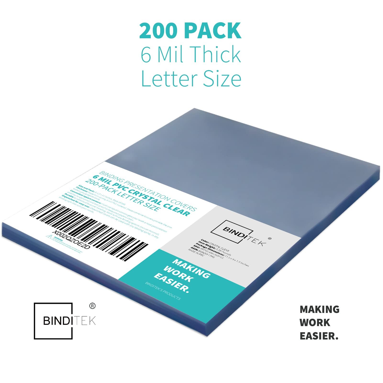 Binditek 200 Pack 6 Mil PVC Clear Binding Covers, 8.5 X 11 In, Letter Size,