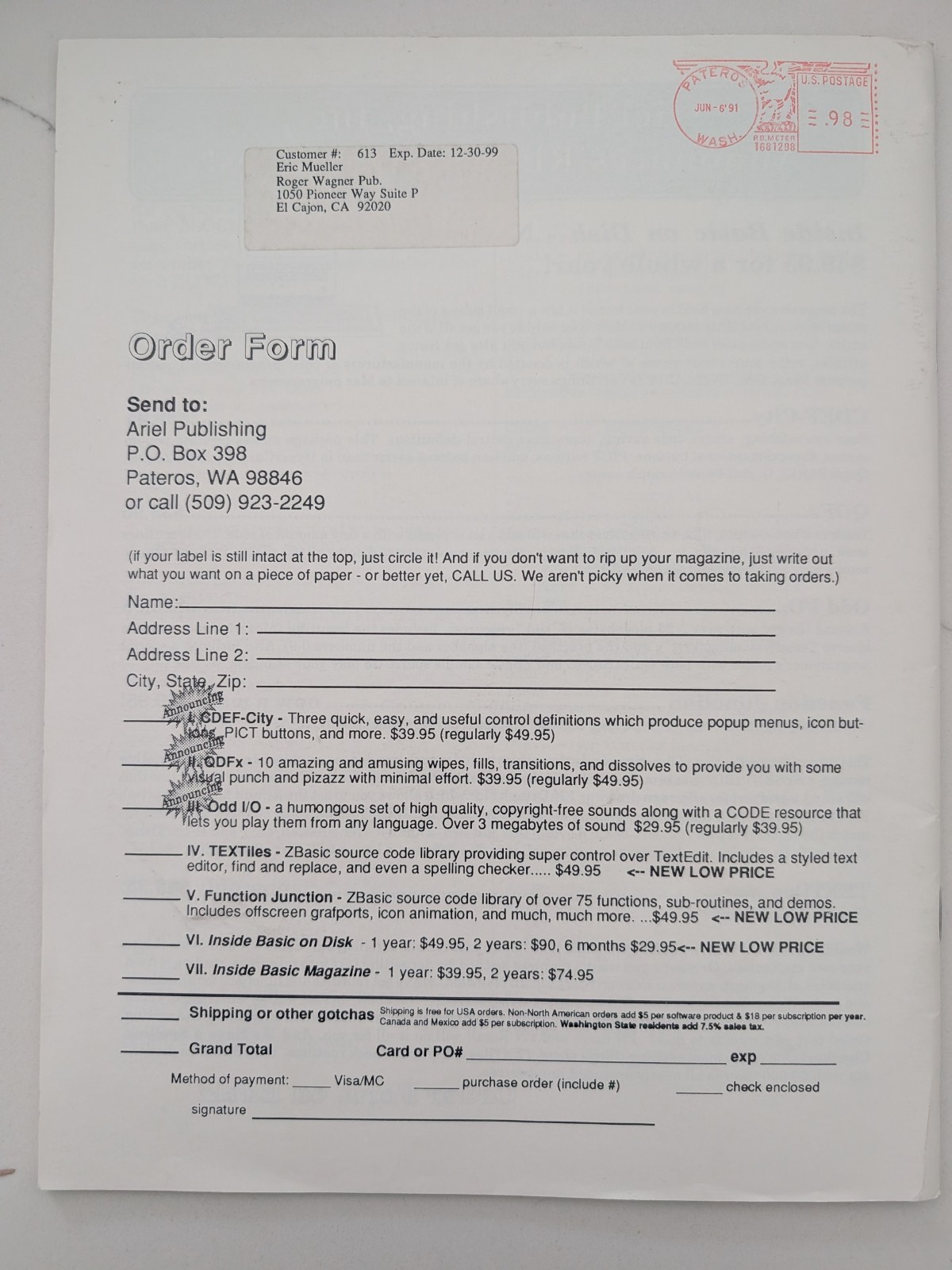 Inside Basic Vol 1 No 6 June 1991 Journal of Macintosh BASIC Programming Catalog