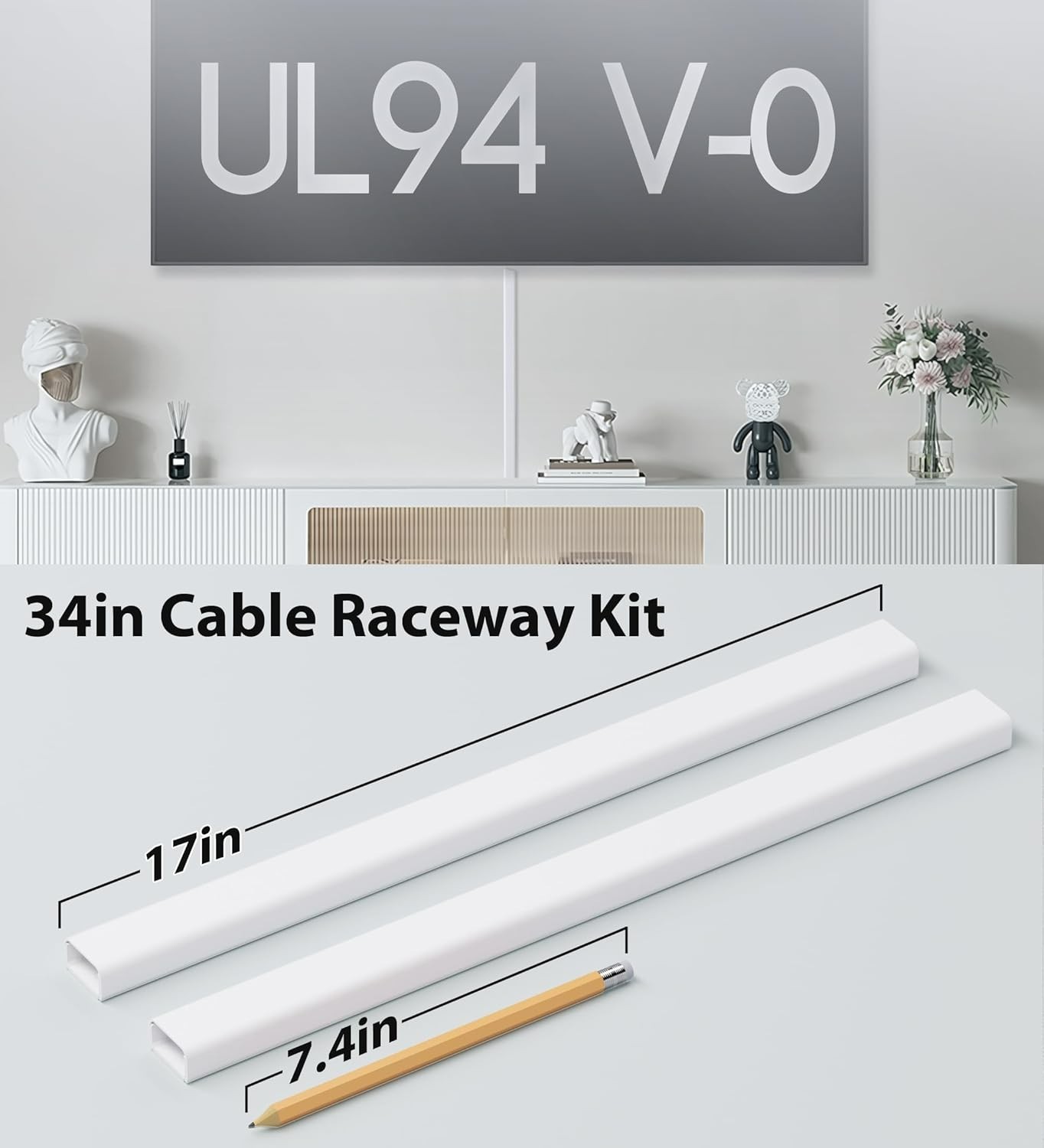 34in 2xL17in Large Wire Hiders for TV on Wall for 3-4 Cords, TV Cord Hider fo...