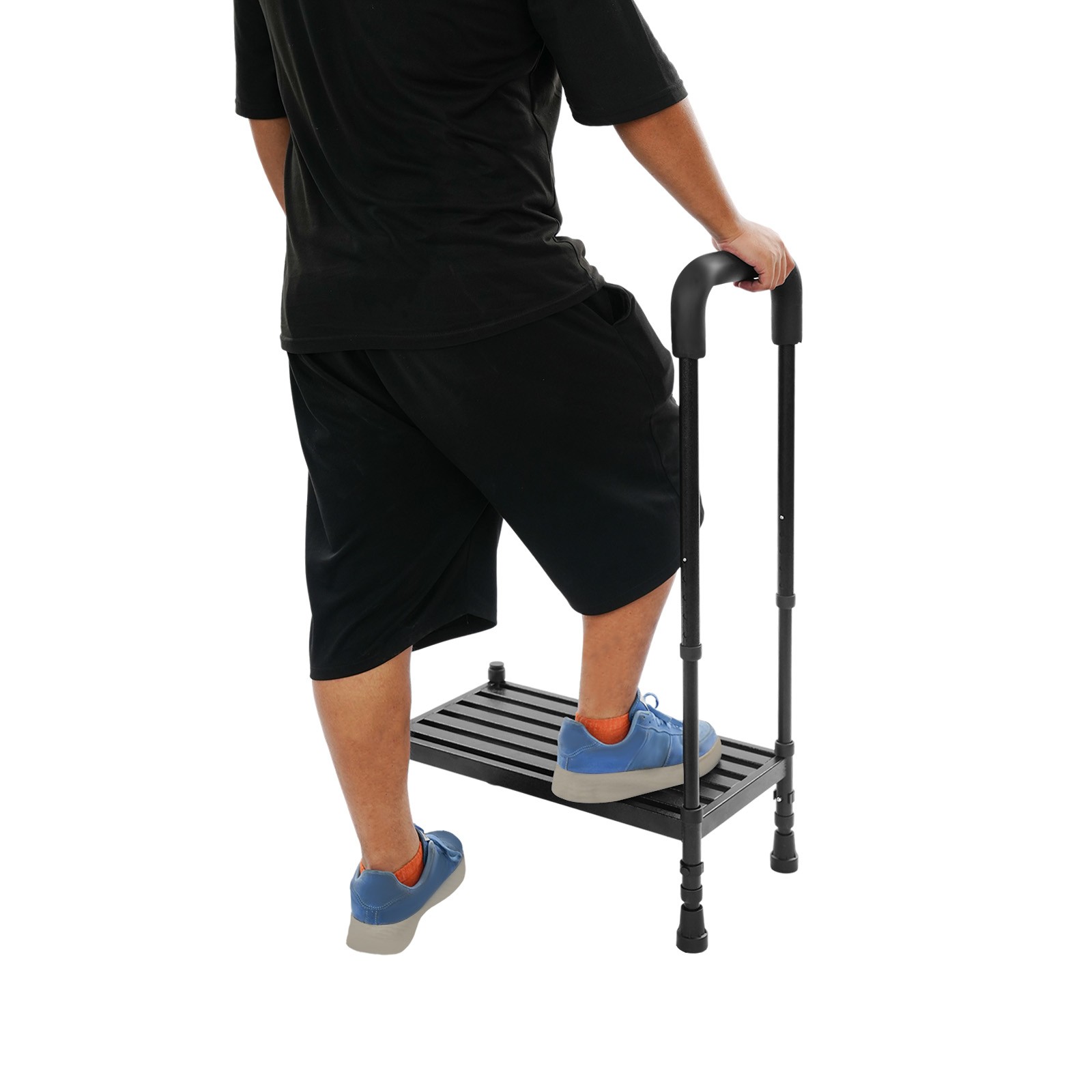 Black Floor Standing 1-Step Stool Adult Ramp with Handrail Metal Stepping Stool