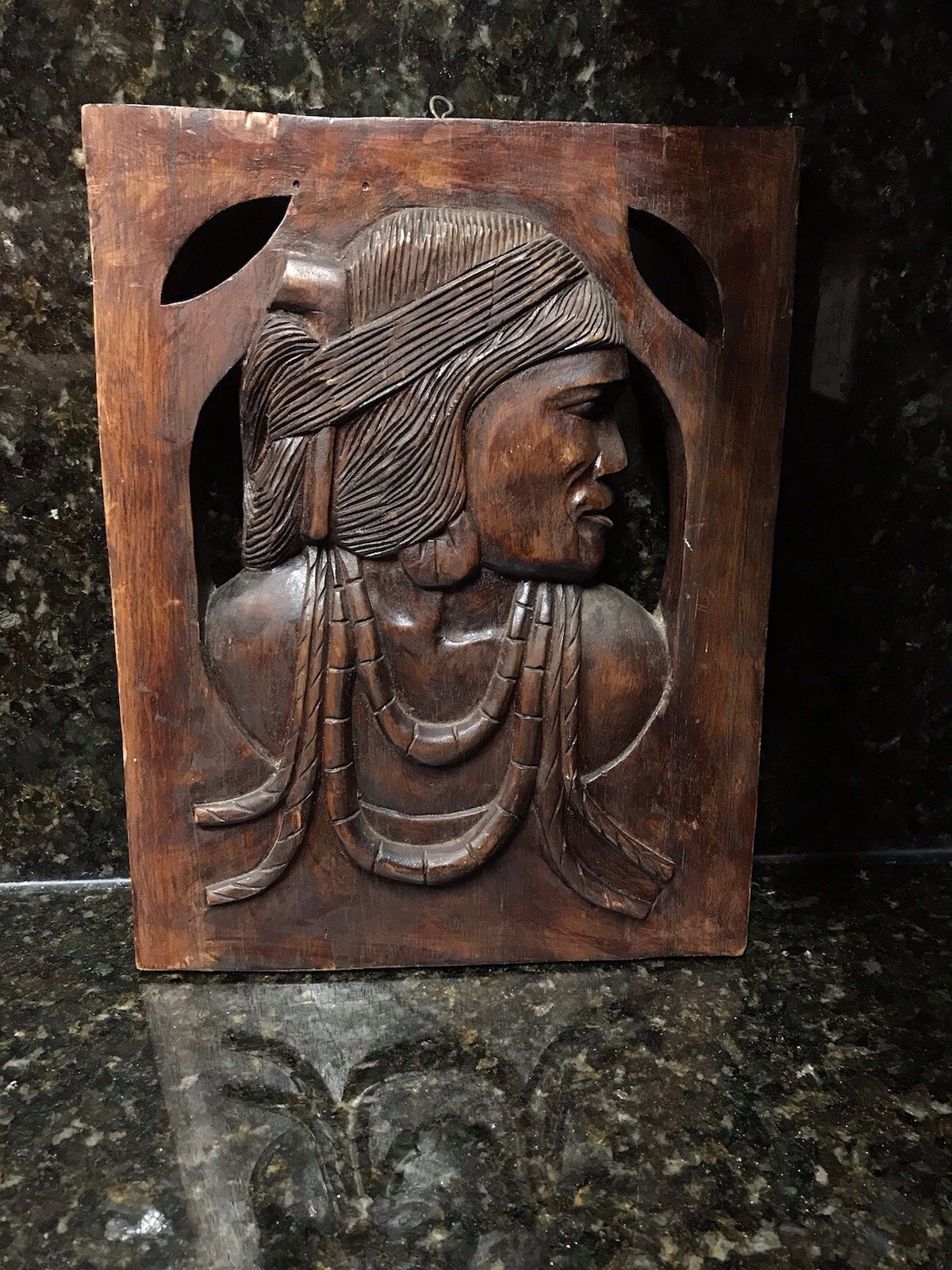 Vintage Hand Carved Wood Wall Plaque Native American Tribal Portrait