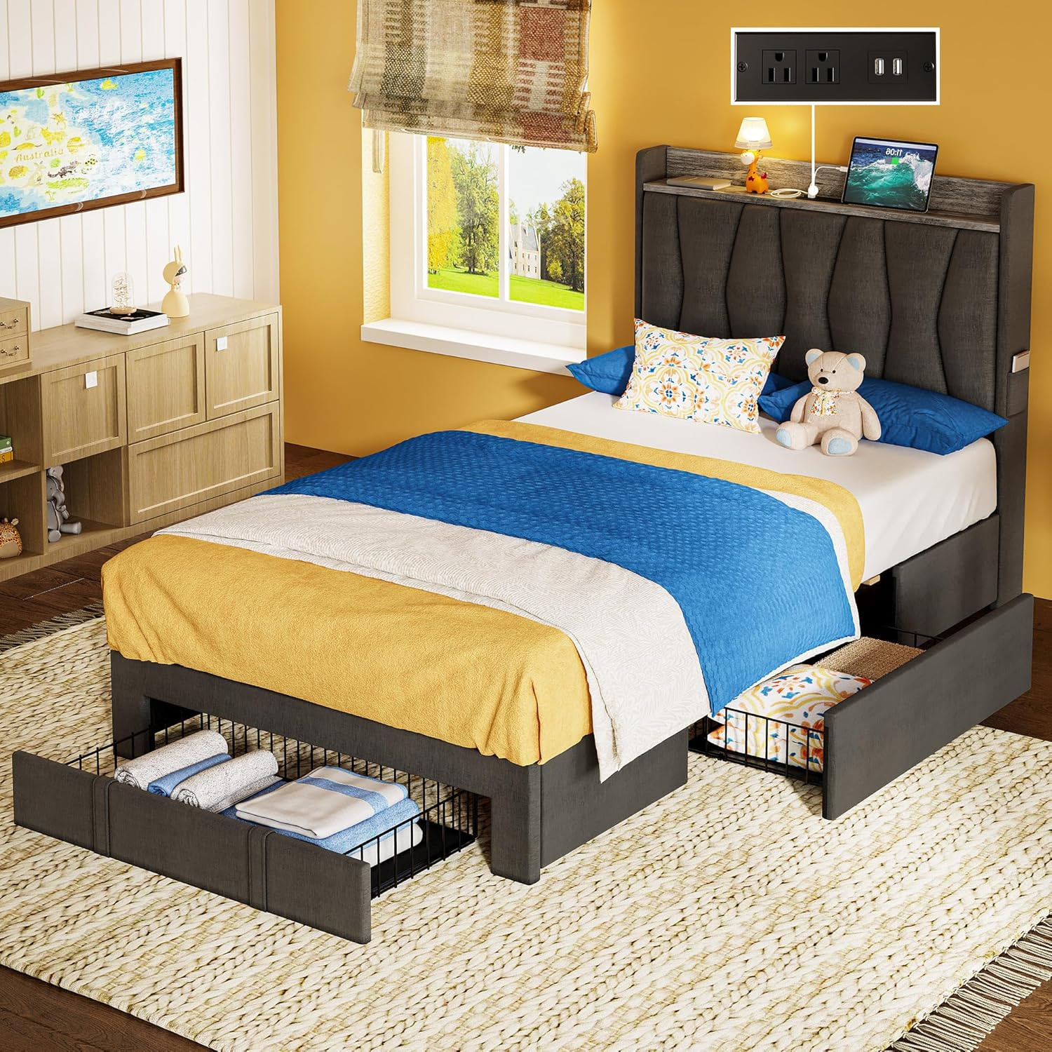 Twin Bed Frame with 3 Drawers, Upholstered Platform Bed with Storage Headboard a