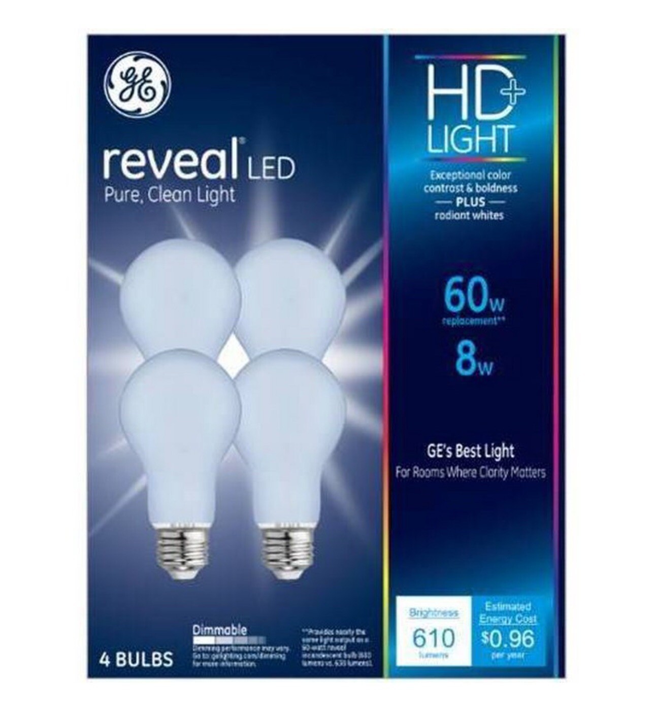 GE 4-Pack 8-Watt Reveal LED Dimmable A19 HD+ Light Bulbs