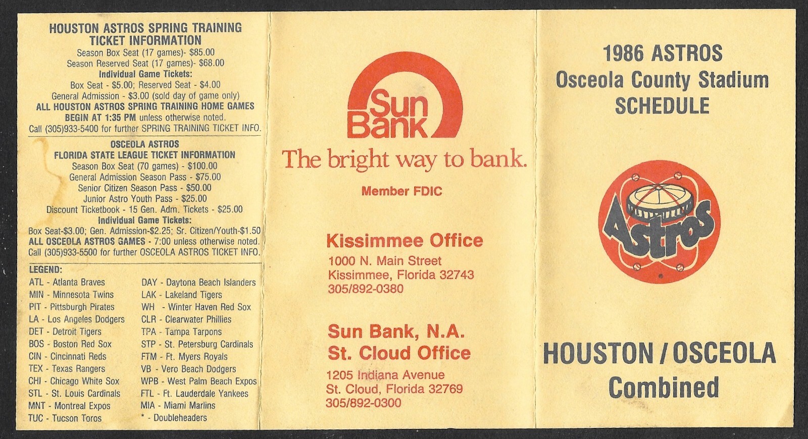 1986 OSCEOLA HOUSTON ASTROS Spring & Regular Season POCKET SCHEDULE  EX-MT (Stn)
