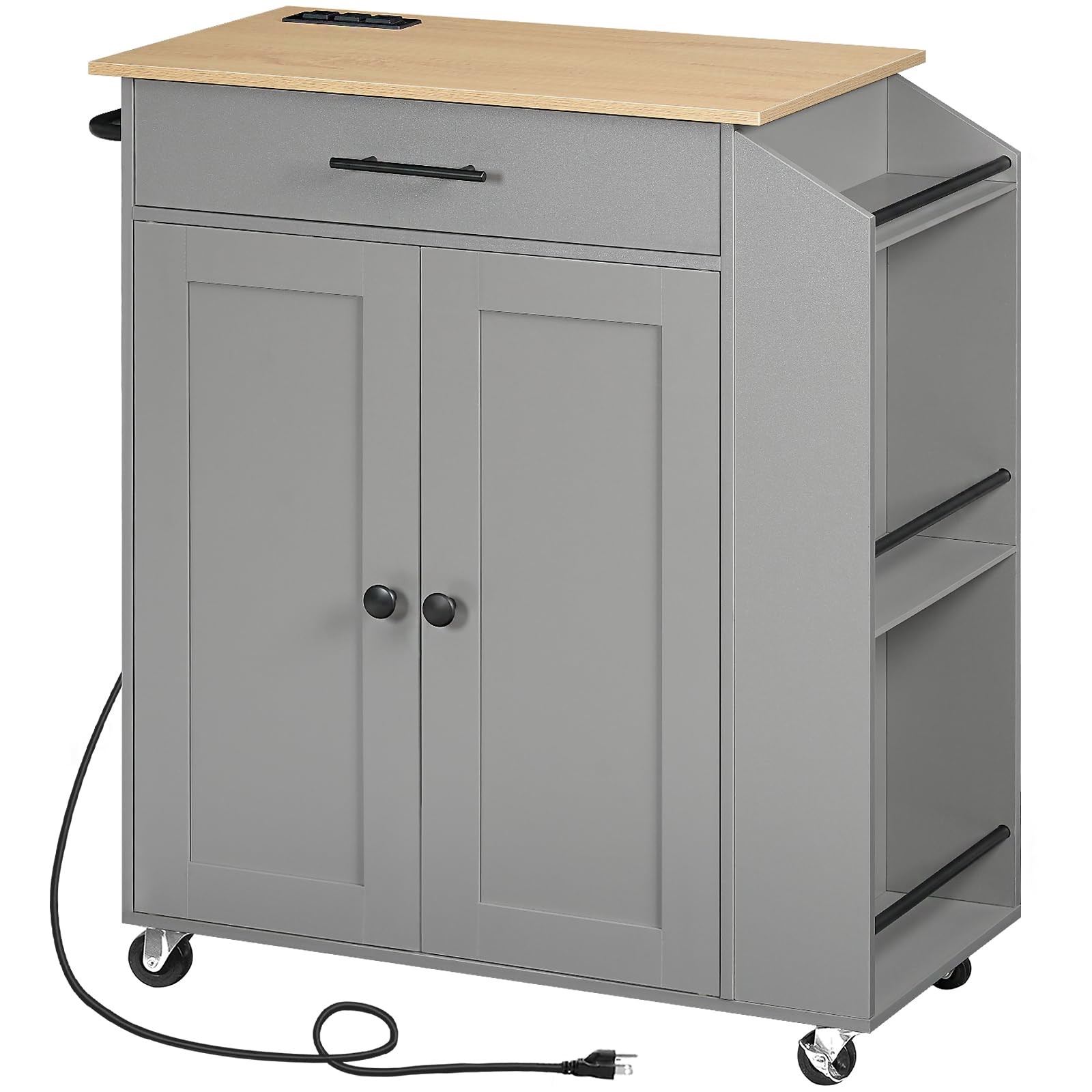 HOOBRO Kitchen Island with Power Outlet, Storage Island with Spice Rack and D...