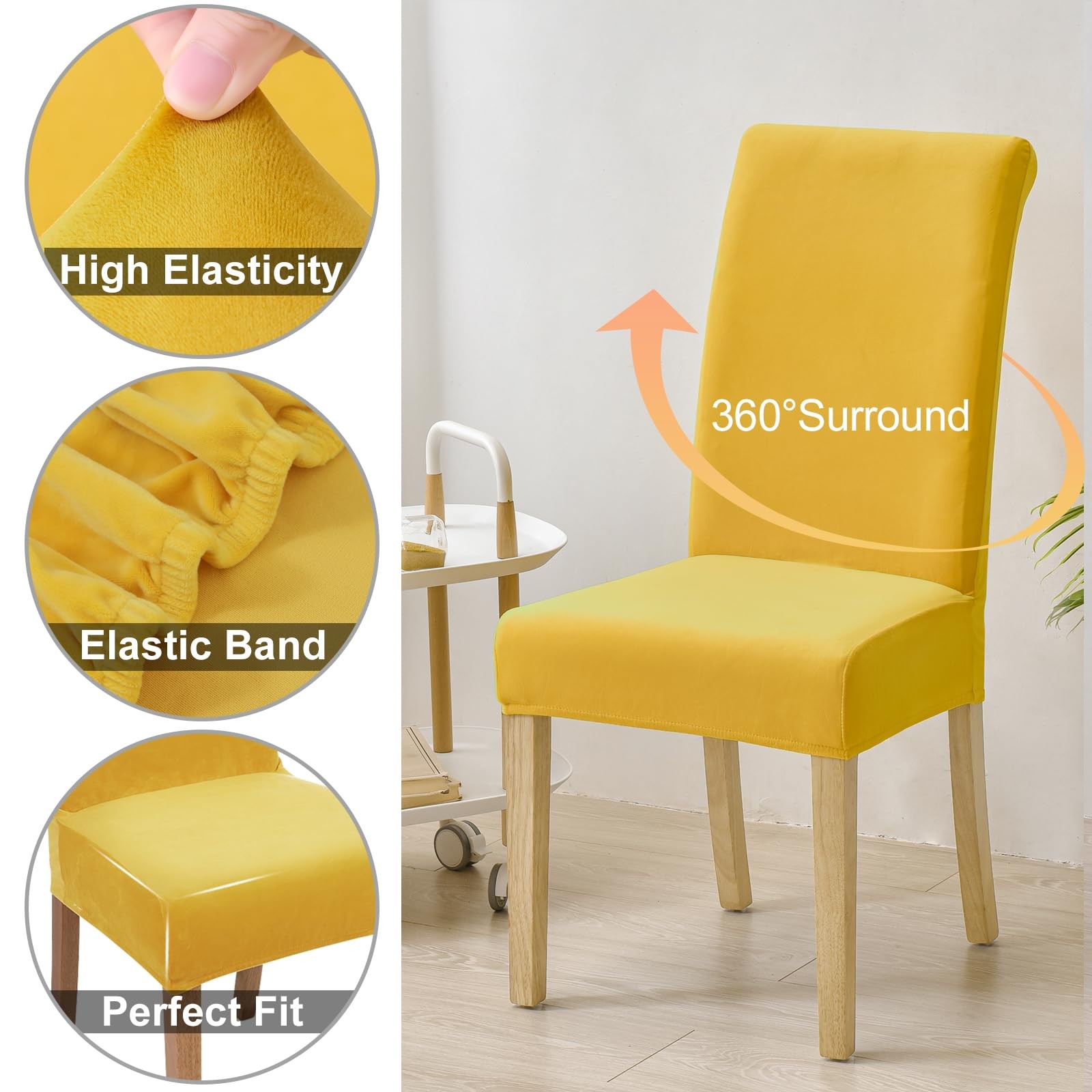 Smiry Velvet Stretch Dining Room Chair Covers Set of 4, Mustard Yellow