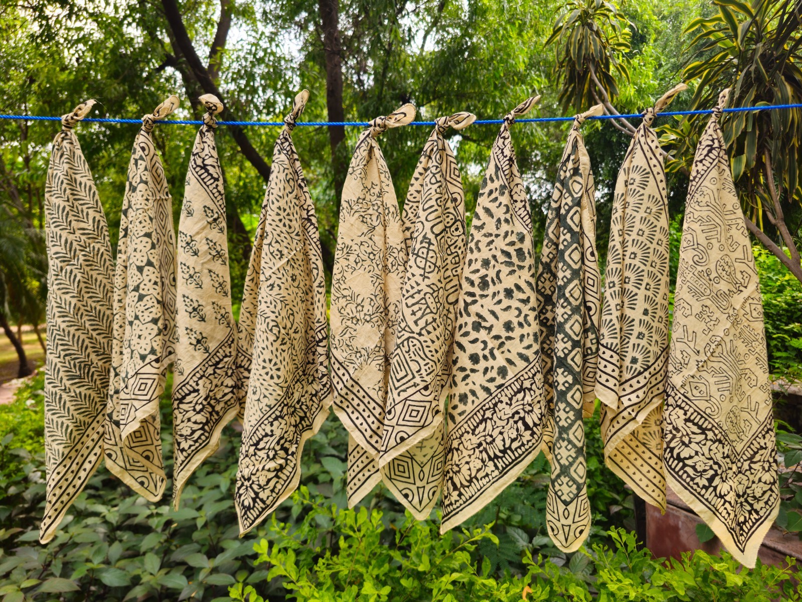 Set of 10 Indian Block Print Bandanas – Floral & Geometric Prints, Cotton Scarf