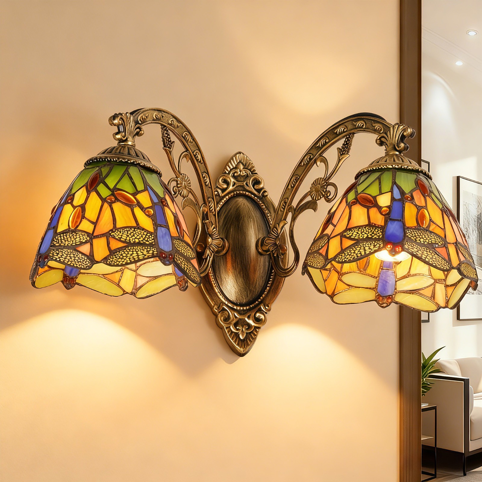16''Retro Lighting, Double Headed Orange Dragonfly Wall Light, Mirror Headlights