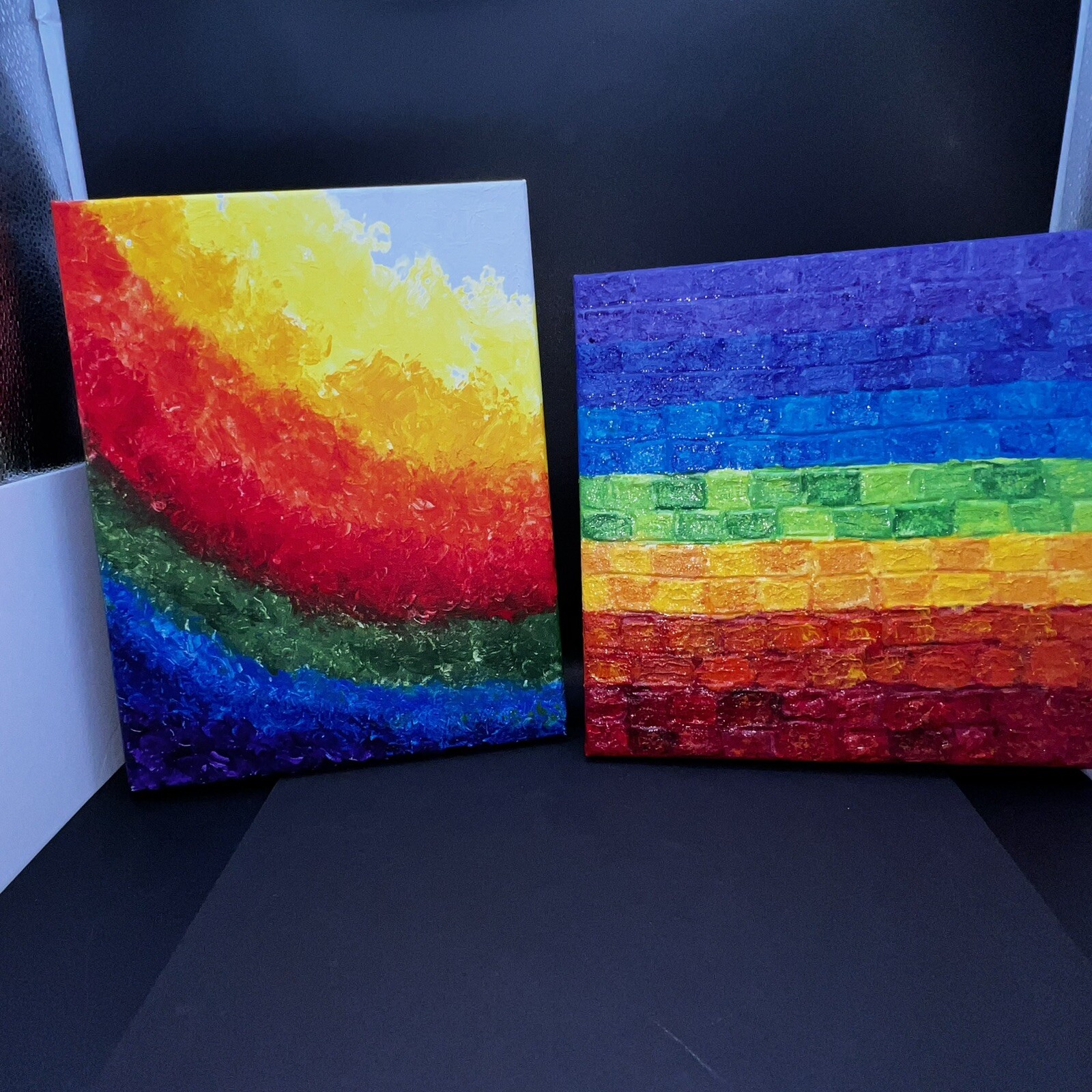 Rainbow Watercolor Studio Art Paintings on Canvas (x2) 14" x 11" and 12" x 12"