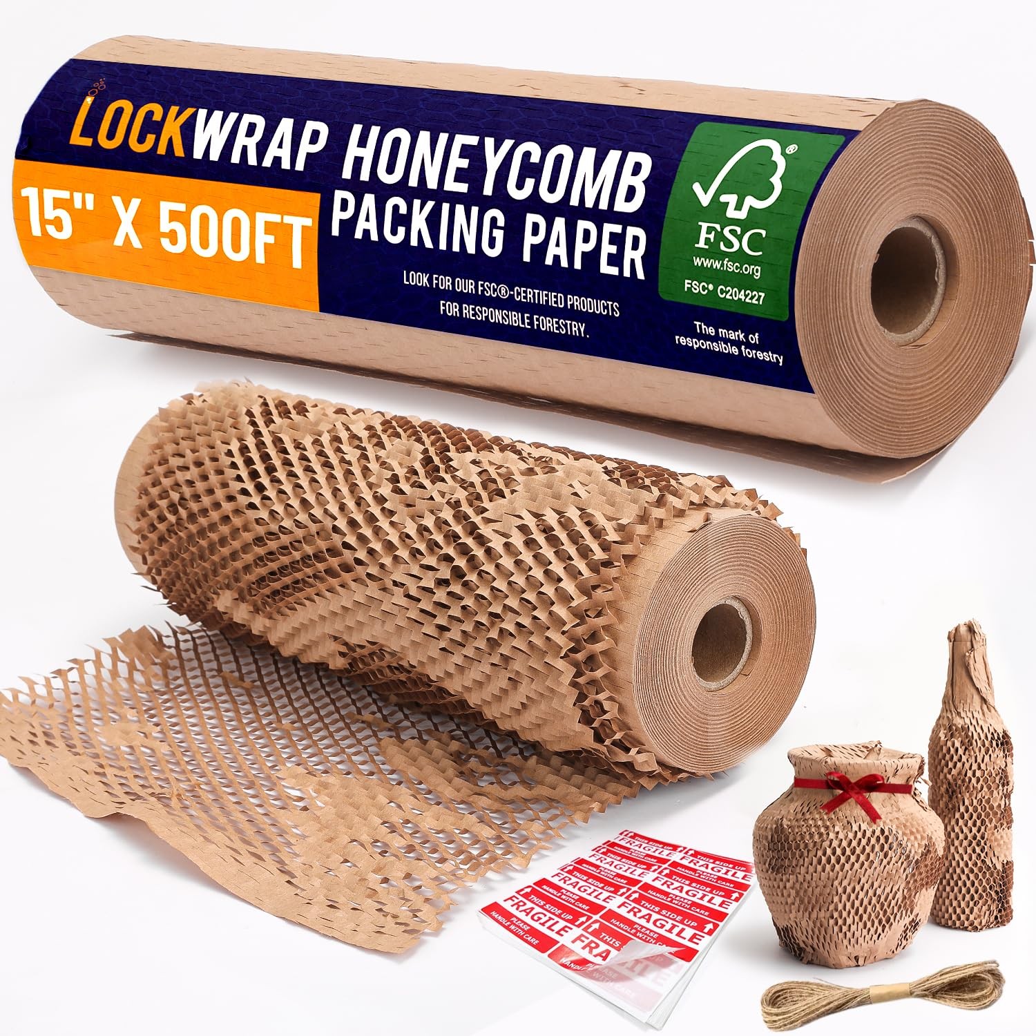 Honeycomb Packing Paper 15" x 500ft with Rope & 20 Fragile Stickers|Shipping ...