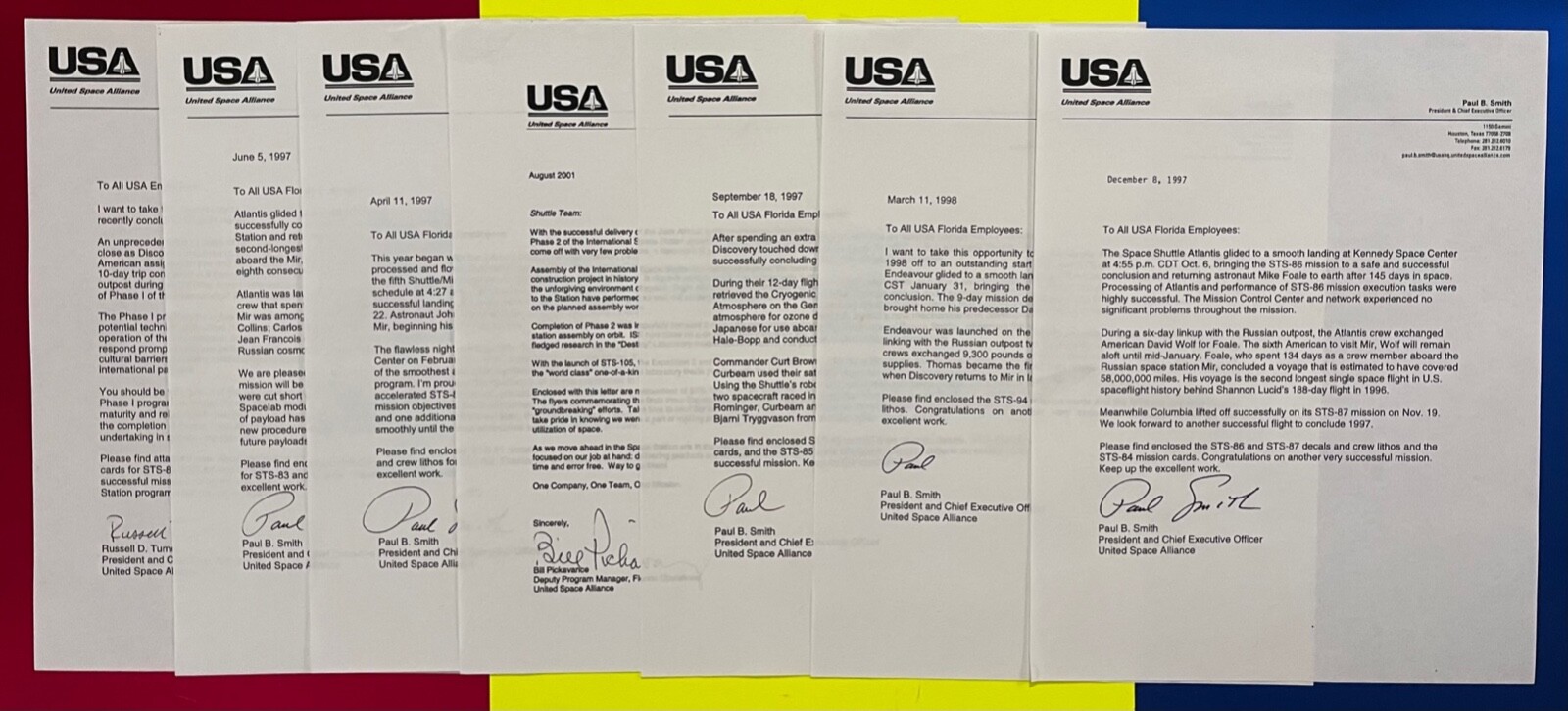UNITED SPACE ALLIANCE USA VARIOUS SHUTTLE ERA ORIGINAL ISSUED LETTER MEMO LOT