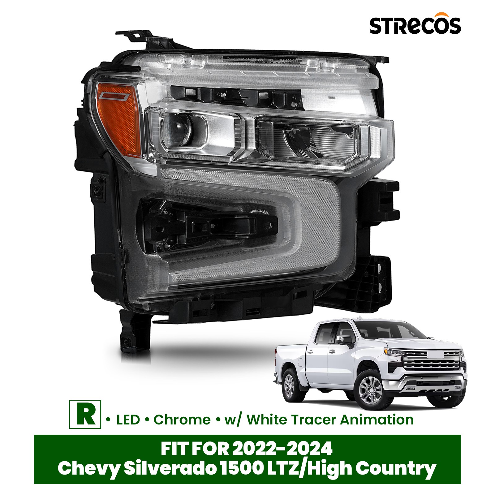 For 2022-2024 Chevy Silverado 1500 LTZ Chrome FULL LED Headlight Passenger Side