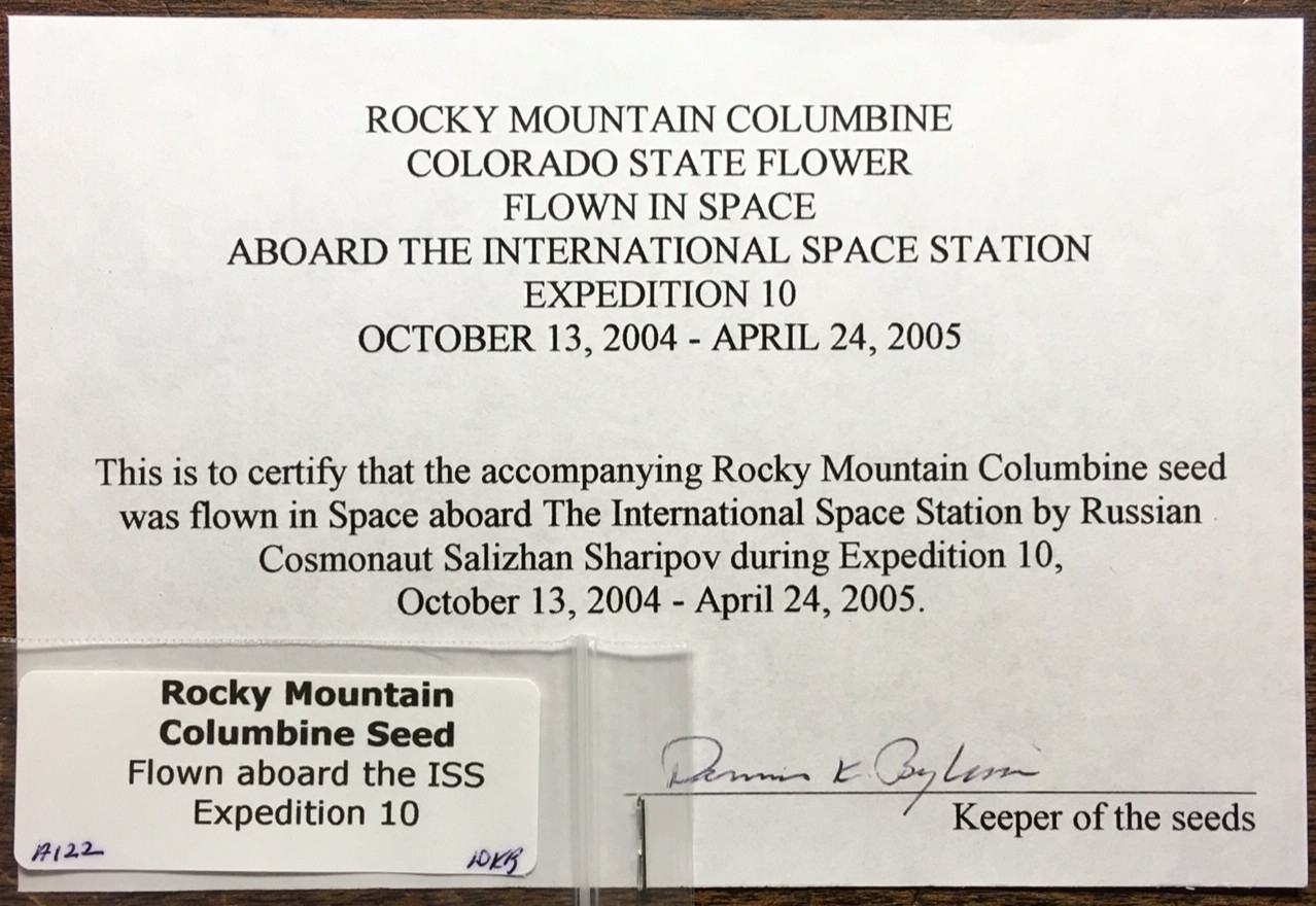 EXPEDITION 10 FLOWN IN SPACE COLORADO ROCKY MT. COLUMBINE SEED & CREW PHOTO