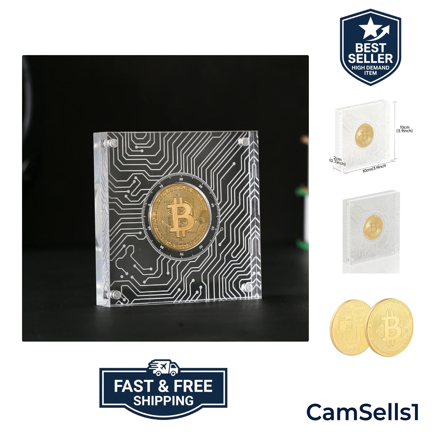 Crypto Coin Set with Display Case Bitcoin Showcase, Physical Bitcoin Coin wit...