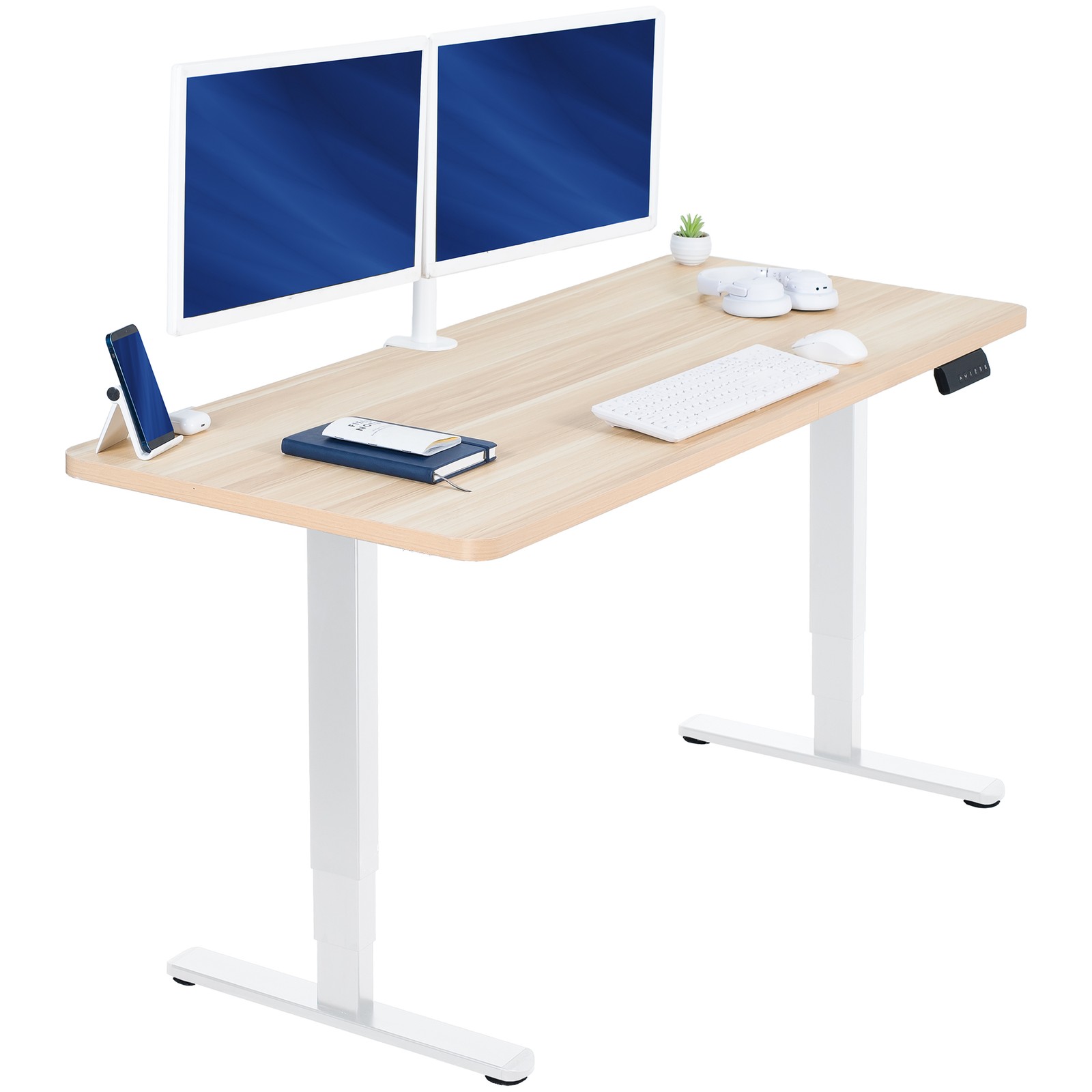 VIVO Electric 60" x 24" Stand Up Desk, Light Wood Table Top, White Frame