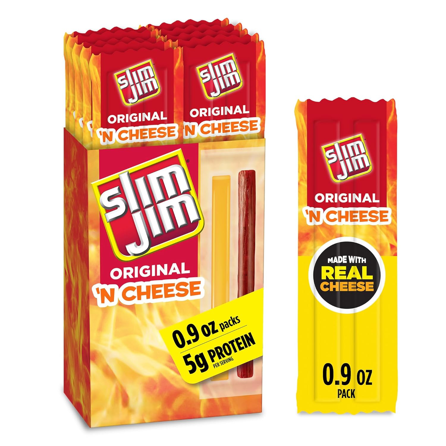 Slim Jim Beef 'N Cheese Smoked Meat Sticks, Original Flavor, 5G Protein per Serv