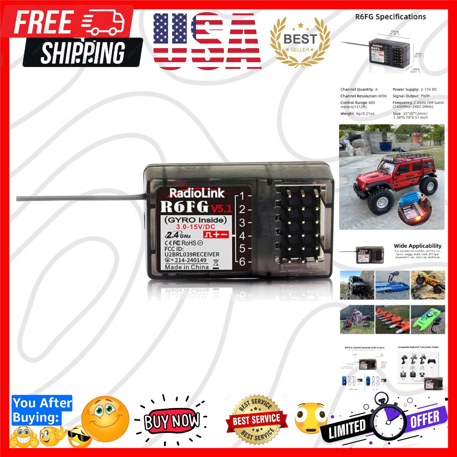 R6FG 6 Channels 2.4G RC Gyro Receiver Long Range Control for Car | for Vehicl...