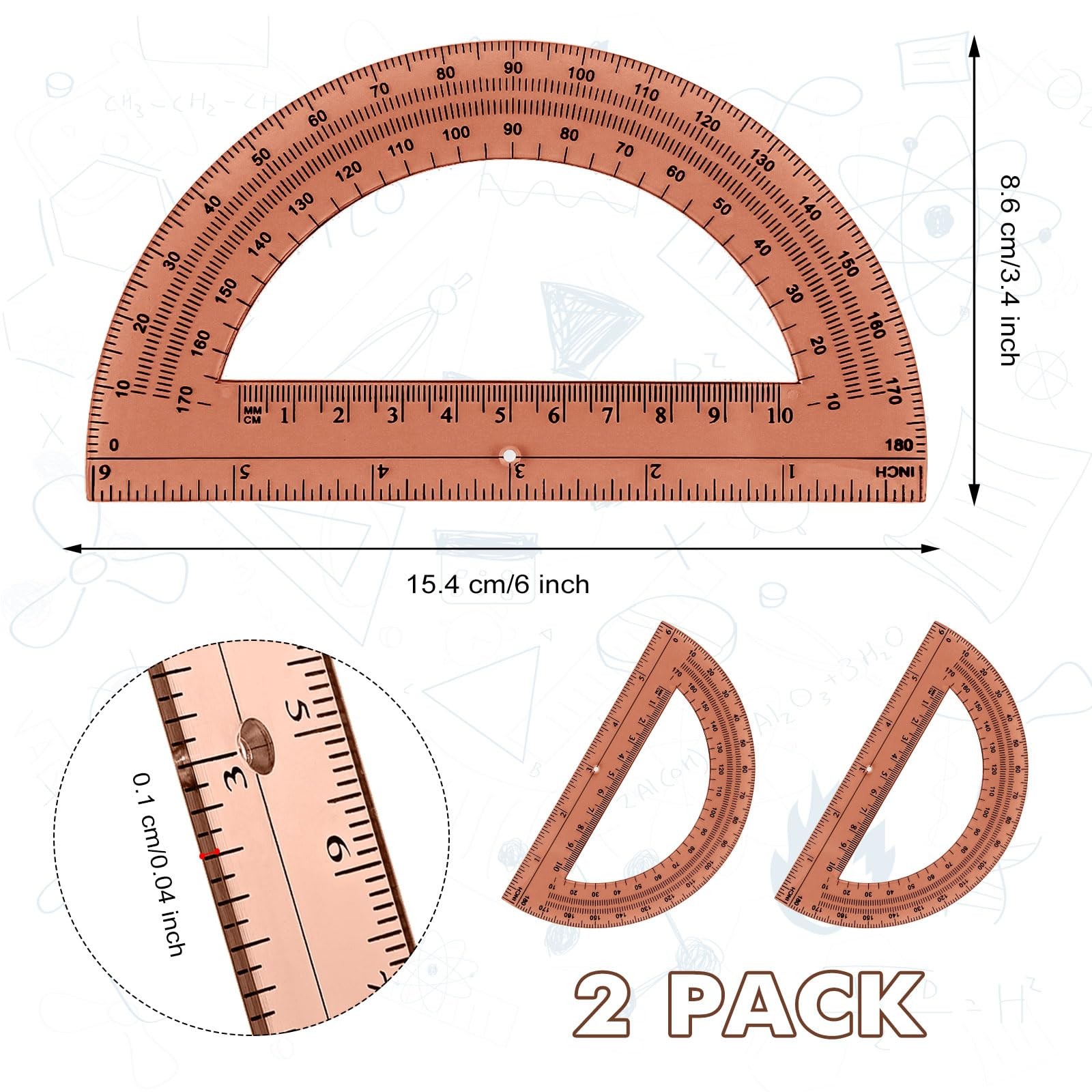 2 Pack 6 Inch Plastic Math Protractors 180 Degrees Angle Measurement