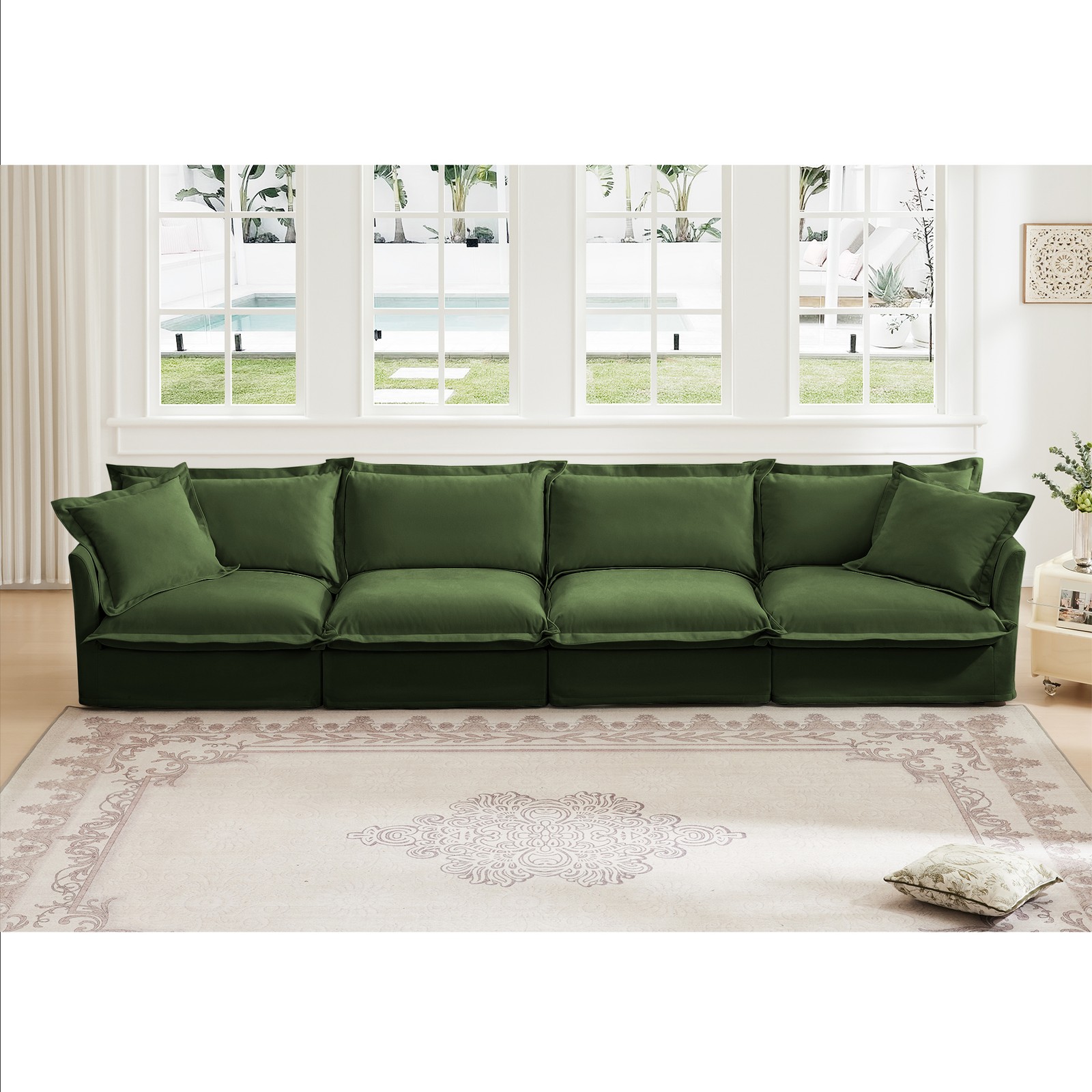 Green 4-Seater Deep Comfort Slipcovered Chenille Cloud Sofa Sectional