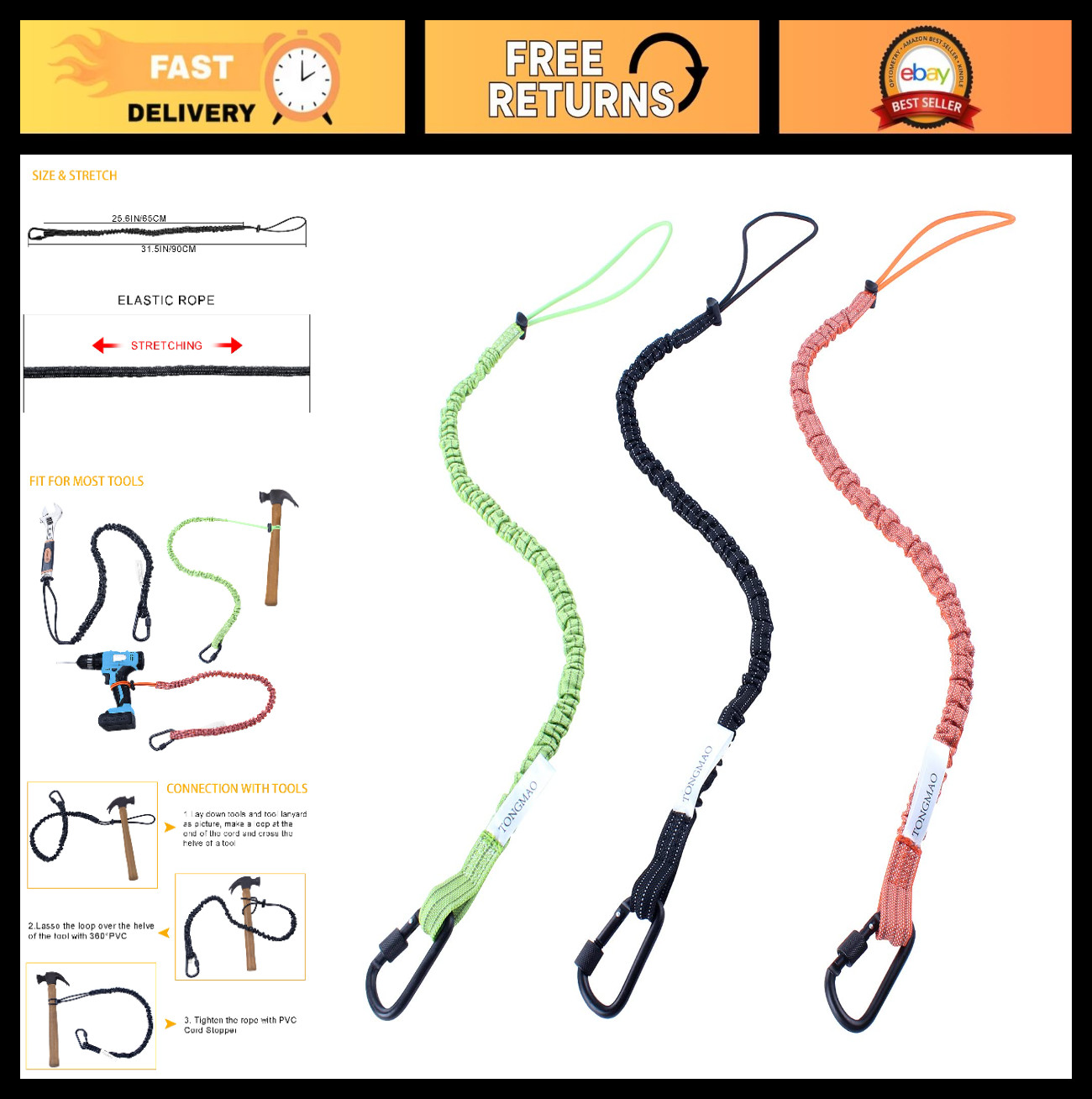 3 Pack Retractable Tool Lanyard Safety Leash with Carabiner Clip & Adjustable Lo
