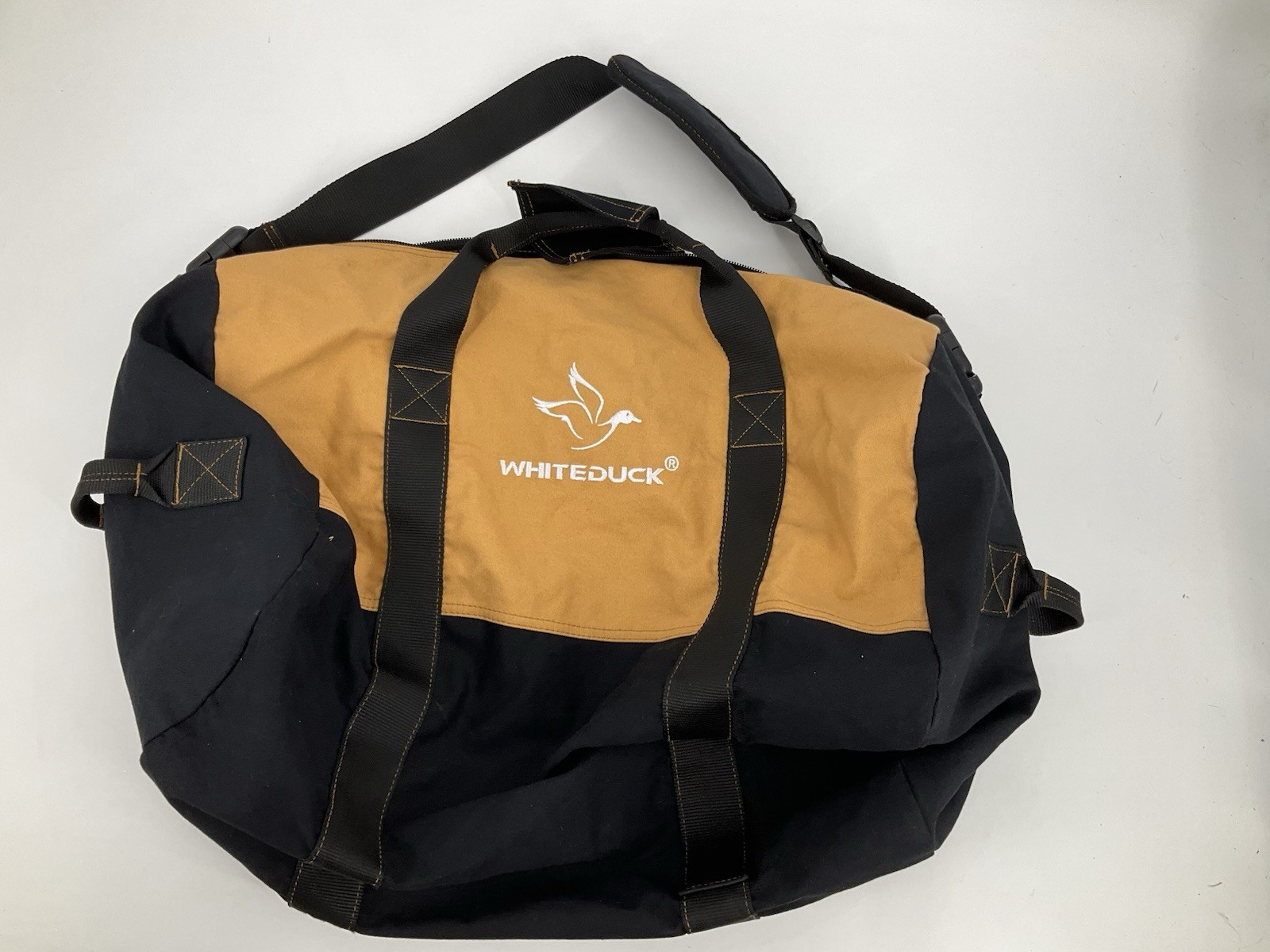 White Duck Filios Canvas Duffel Bag, Tan/Black, 24in x 16in, NWOT