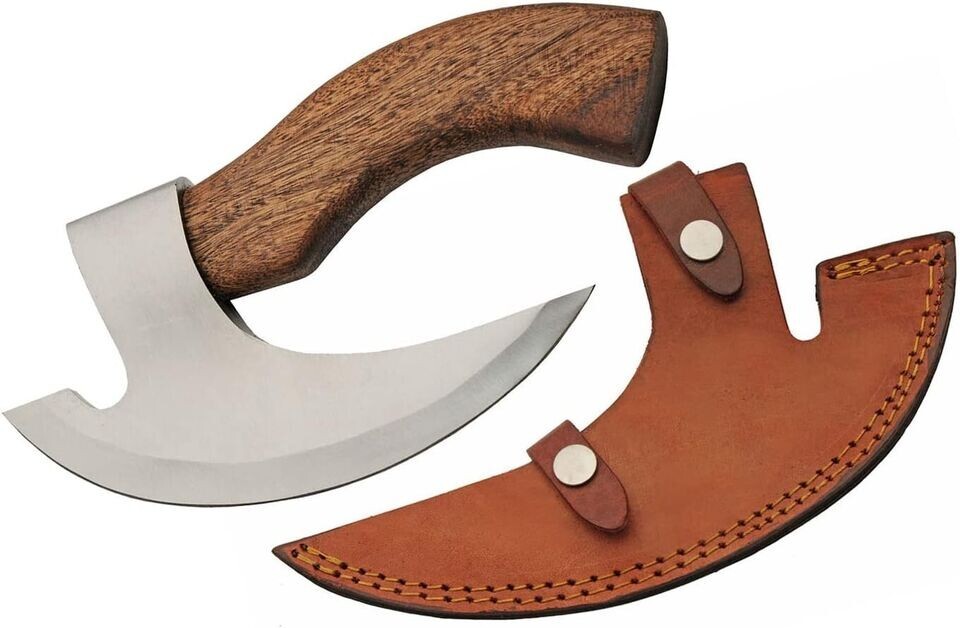 11” Short Handle Bearded Pizza Cutter Carbon Steel Axe Knife with Leather Sheath