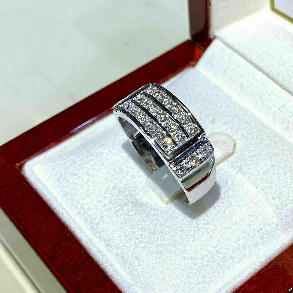 3 CT Round Simulated Diamond Men's Band Engagement Ring 14k White Gold Plated