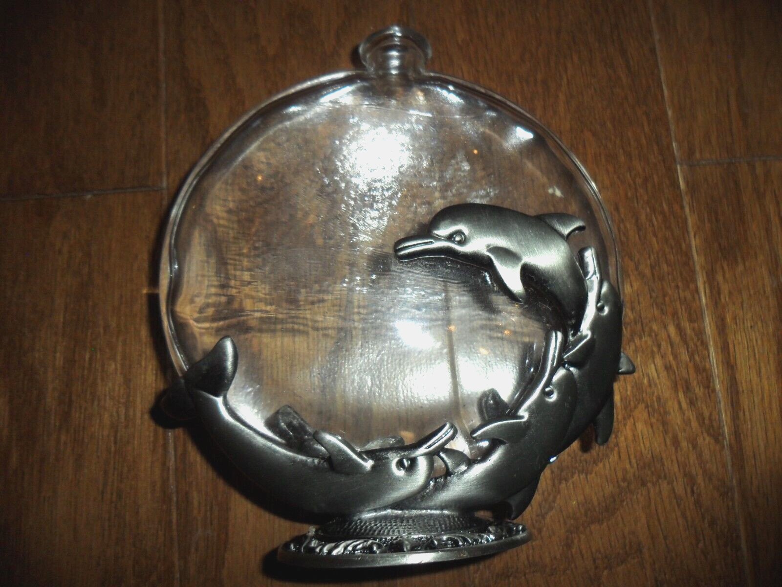 Ocean Nautical Sea DOLPHINS Flat Round Glass Pewter Oil Lamp