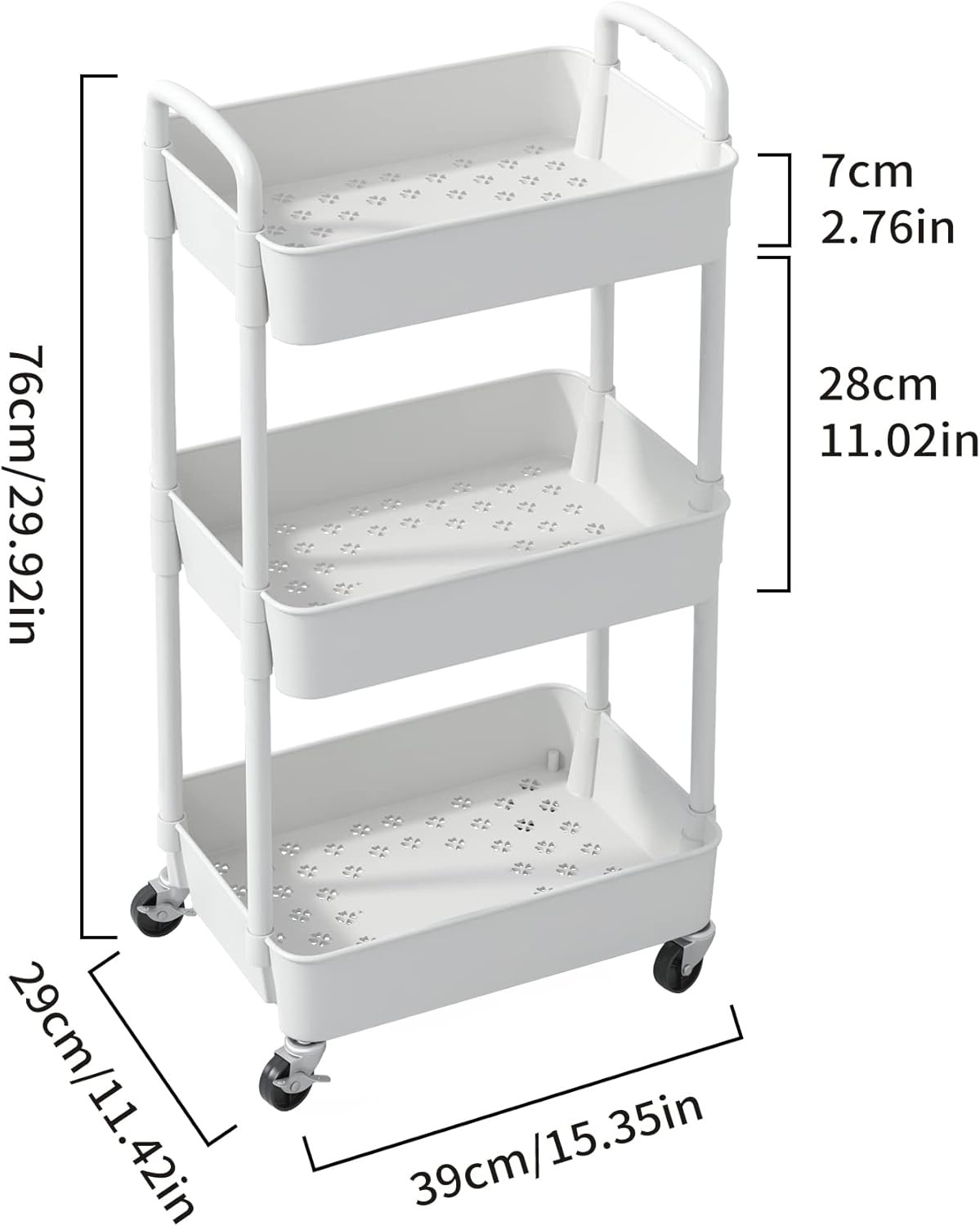 3-Tier Plastic Rolling Utility Cart with Handle, Multi-Functional Storage Trolle