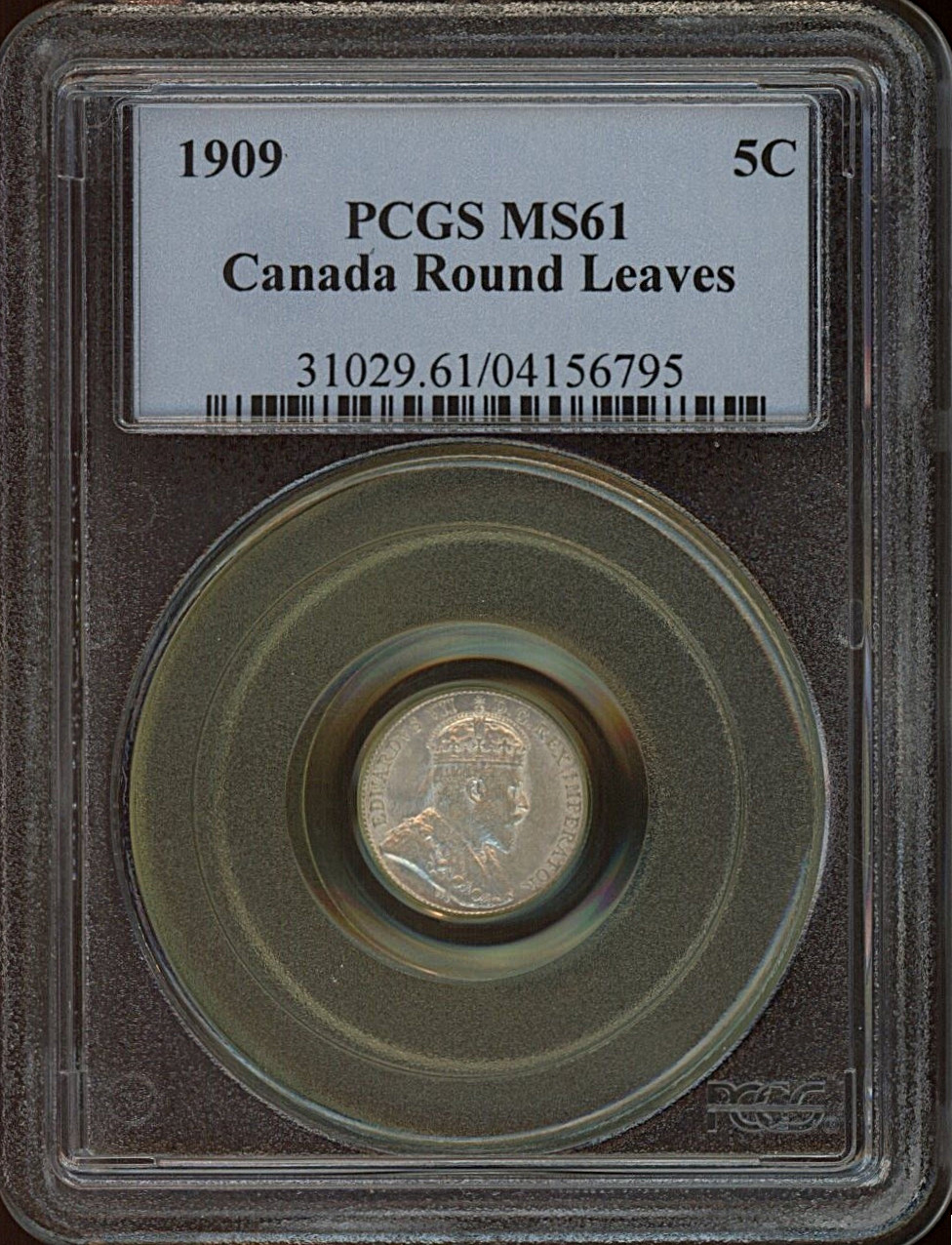 1909 Canada 5 cents silver PCGS MS61 Round Leaves Bow Tie