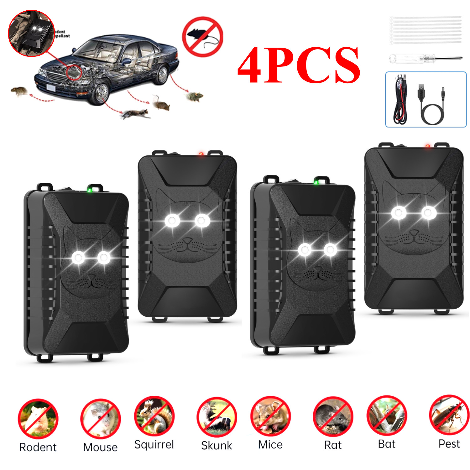 4 Packs Under Hood Repeller Ultrasonic Rat Deterrent Keep Mice Cat Away from Car
