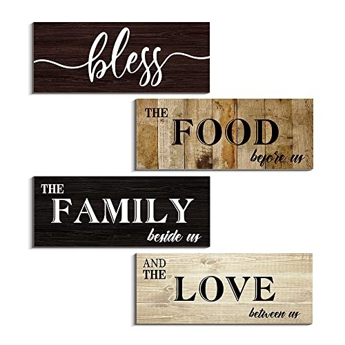 Bless Food Family Kitchen Signs, Set of 4 Farmhouse Wooden Plaques 4 x Yellow